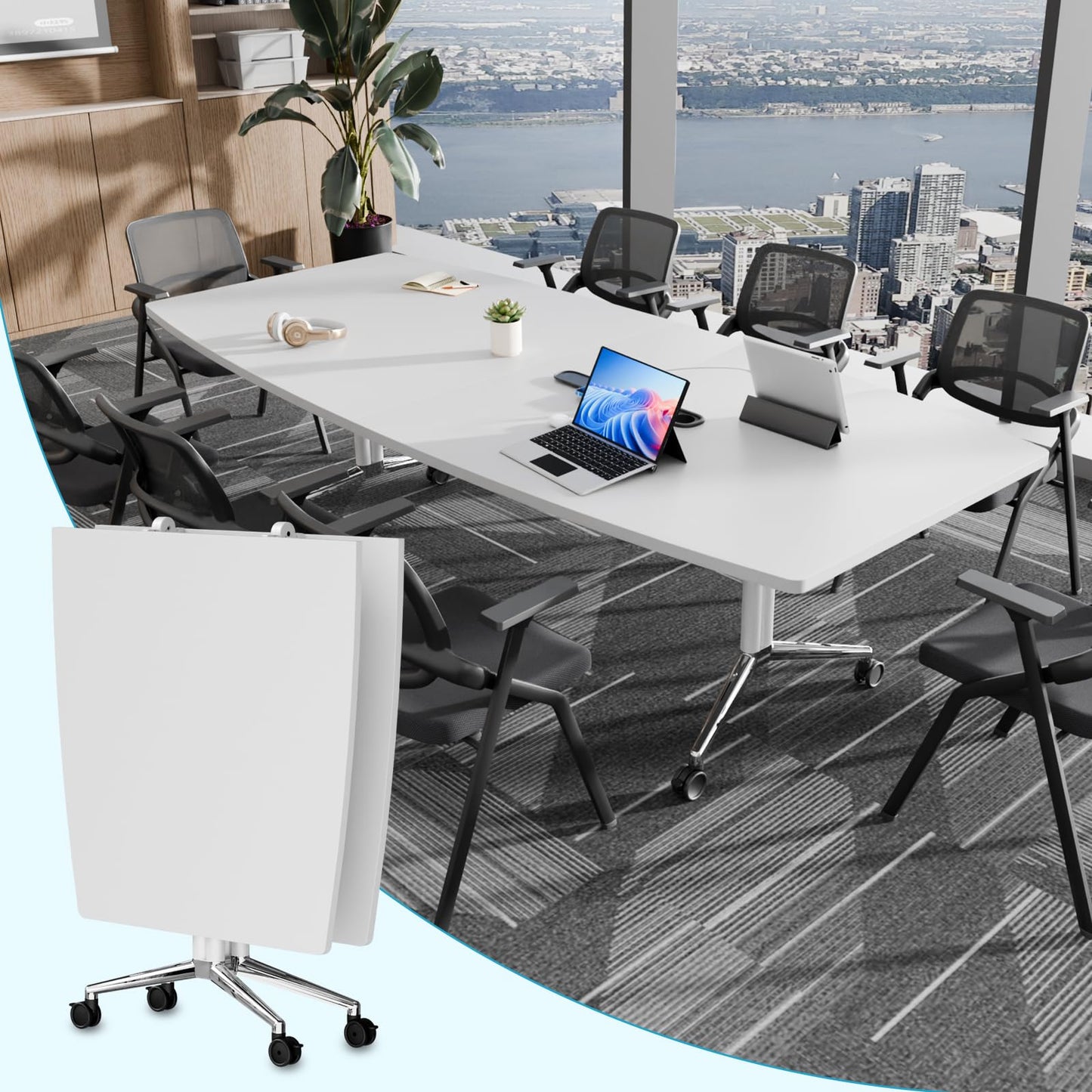 7.5 FT Large Folding Conference Table,Training Seminar Tables for 6-8 People,Built-in Wireless Charger and Power Box,Metal Legs Rolling Training Table for Office (4, White, 90.5"L×35.4“W×29.5"H)