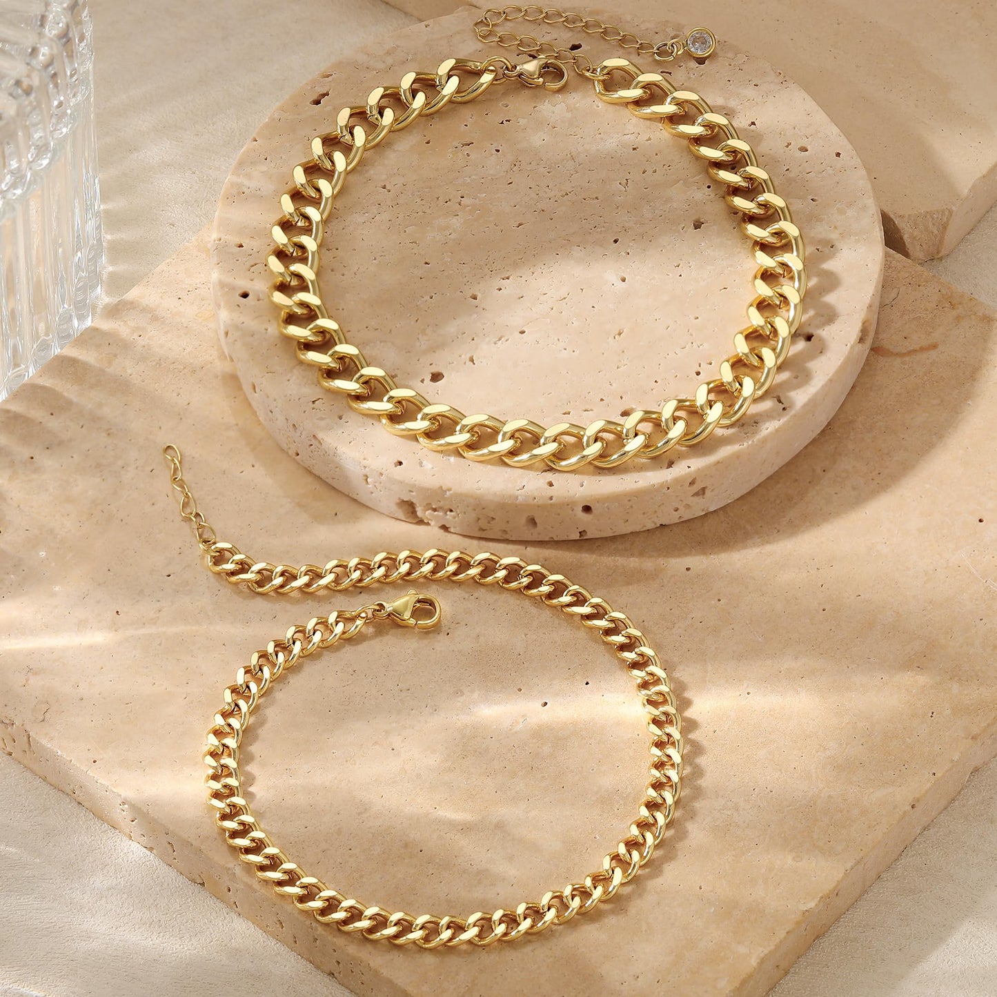 Tewiky Waterproof Ankle Bracelets for Women,Chunky Layered Gold Anklet for Women Non Tarnish Adjustable Cuban Set Stackable Summer Beach Jewelry Gift
