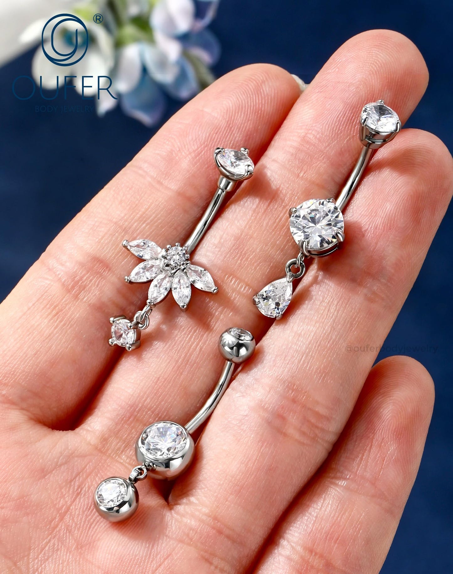 OUFER 3PCS Silver Dangle Belly Button Rings, 316L Surgical Steel Belly Rings for Women Dangling, 14G Flower Crystal Navel Piercing Jewelry, Clear CZ Curved Barbells