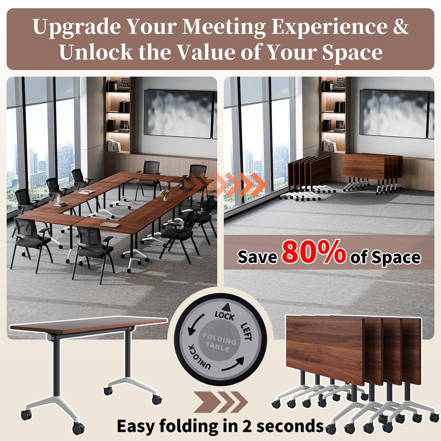 Modular Folding Conference Table with Wheels,8 Pack Mobile Conference Room Tables,Filp Top Rolling Meeting Training Tables for Office,Classroom,Library,Seminar,Boardroom,school(8pack,Walunt,71in)