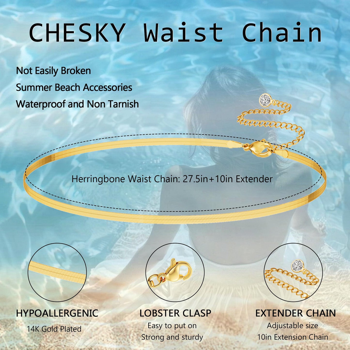 CHESKY 14K Gold Plated Waist Chain for Women, Belly Belt Chains Beach Waist Chain Waterproof Herringbone Snake Body Chain Summer Jewelry Accessories for Women