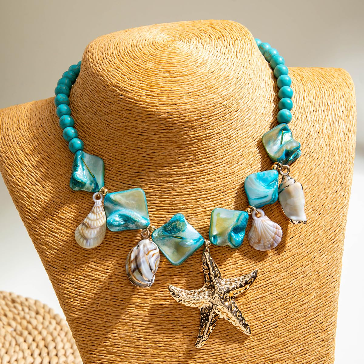 LKingel Gold Starfish Necklaces for Women Beaded Mermaids Starfish Shell Pearl Choker Pendant Necklaces Chunky Beach Necklace Mermaid Charm Necklace Summer Beach Jewelry for Women Blue