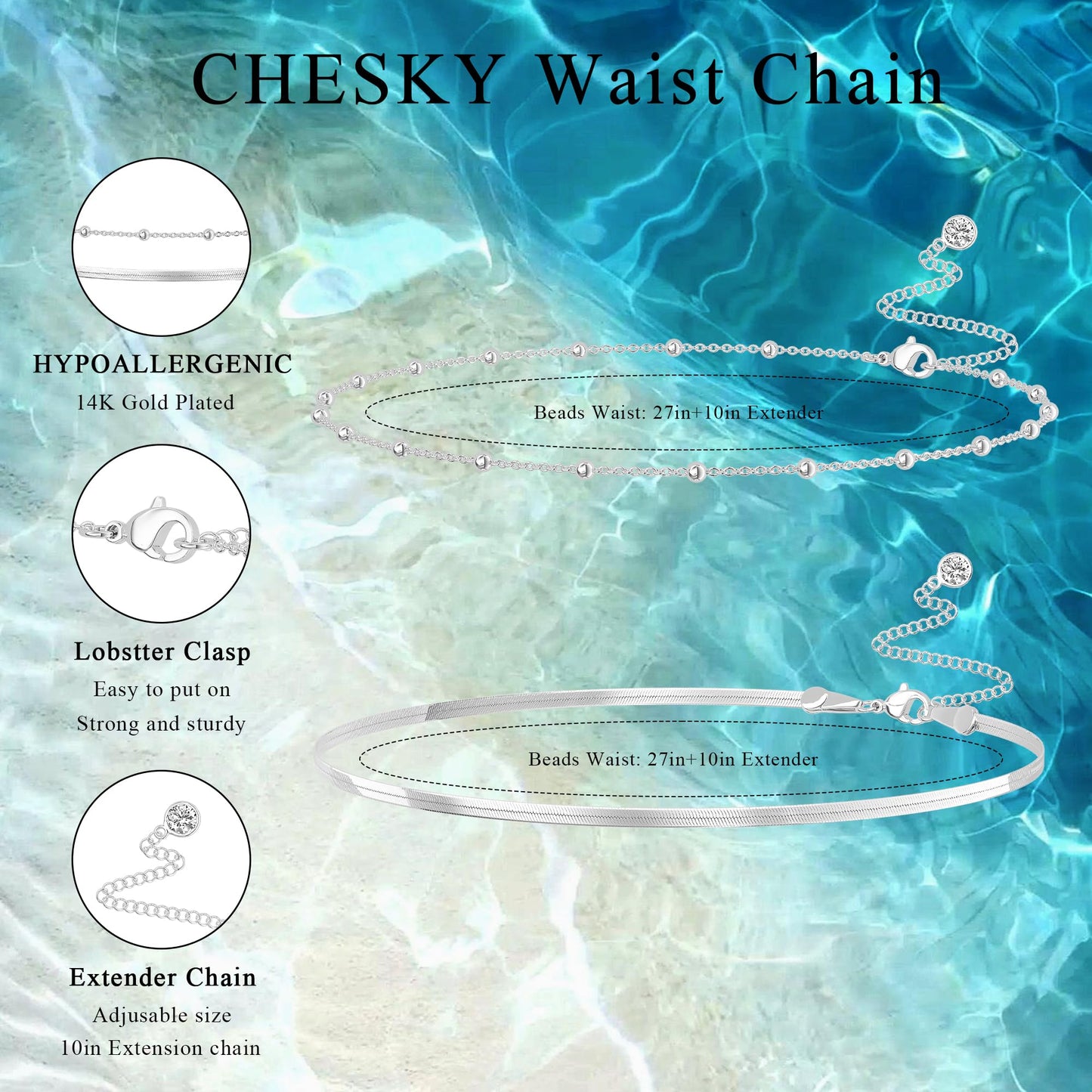Risamil Waist Beads for Women, Silver Plated Waist Chain SIlver Chain Belts for Women Dainty Beach Silver Accessories for Womens Cute Body Chain Belly Snake Chain Body Beach Jewelry for Womens Gifts