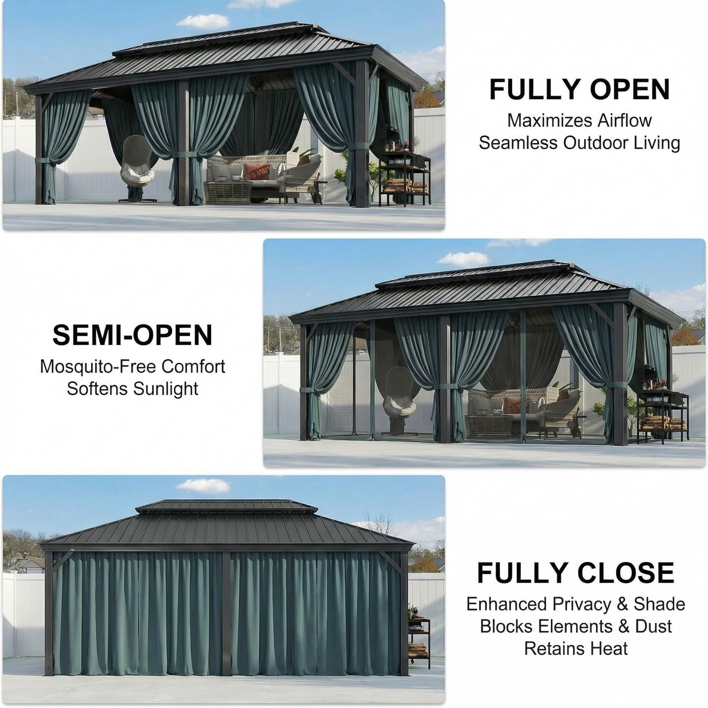 HOTEEL 12x20 Gazebo on Clearance with Metal Roof, Heavy Duty Hardtop Gazebo with Flame-Retardant Curtain & Netting, Outdoor Hard Top Gazebos with Galvanized Steel Double Roof for Backyarad,Patio Black