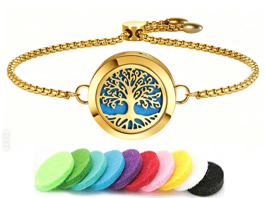 Aromatherapy Essential Oil Diffuser Bracelet, Tree of Life Pattern Locket Adjustable Link for Women Birthday Jewelry Gifts Trendy for Wife Mothers (Gold)
