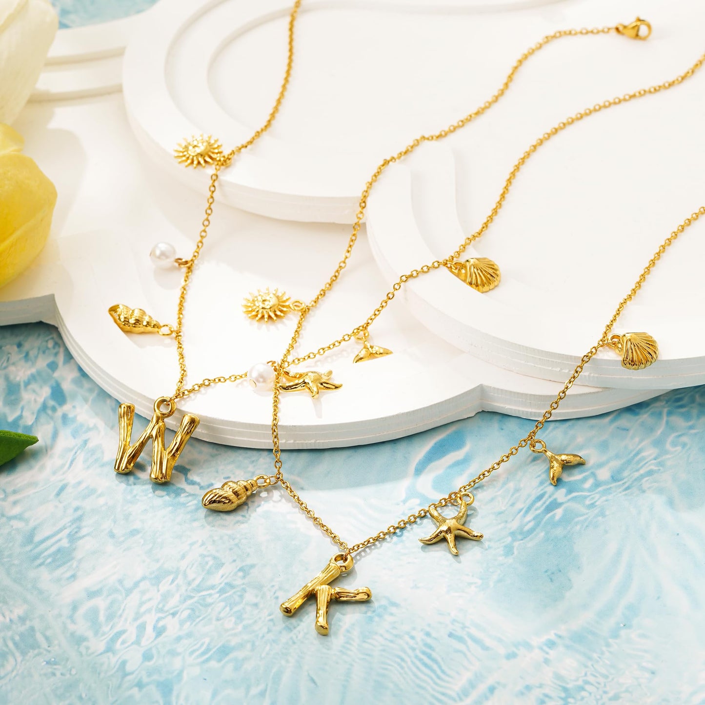 SLOONG Initial Charm Necklace 14K Gold Plated Letter Neckalce Freshwater Pearl Necklace Choker Boho Summer Seashell Beach Starfish Surfer Jewelry Gifts for Women U