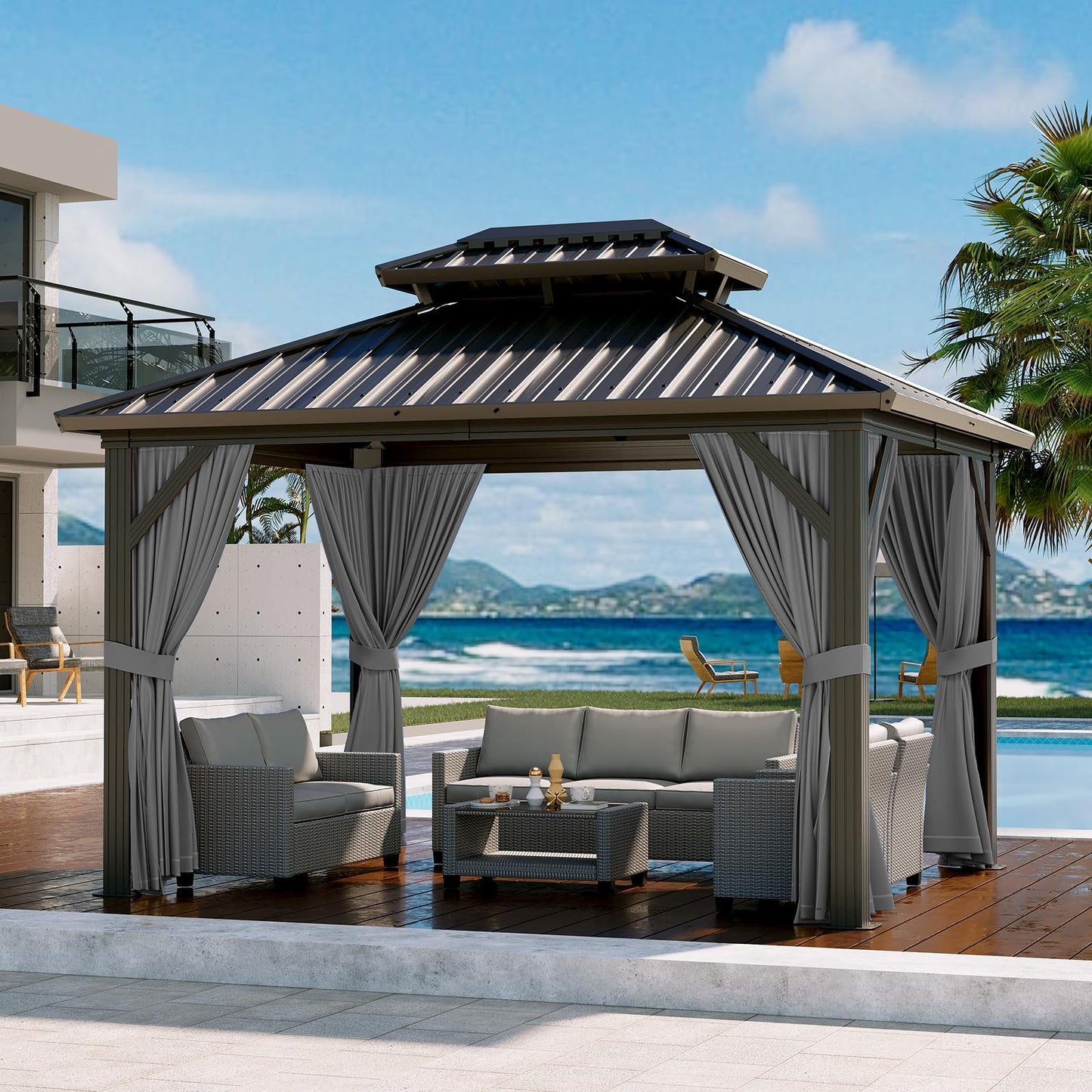 12'x10' Hardtop Gazebo, Heavy Duty Aluminum Permanent Hardtop Gazebo Outdoor Pavilion with Curtains and Netting for Garden