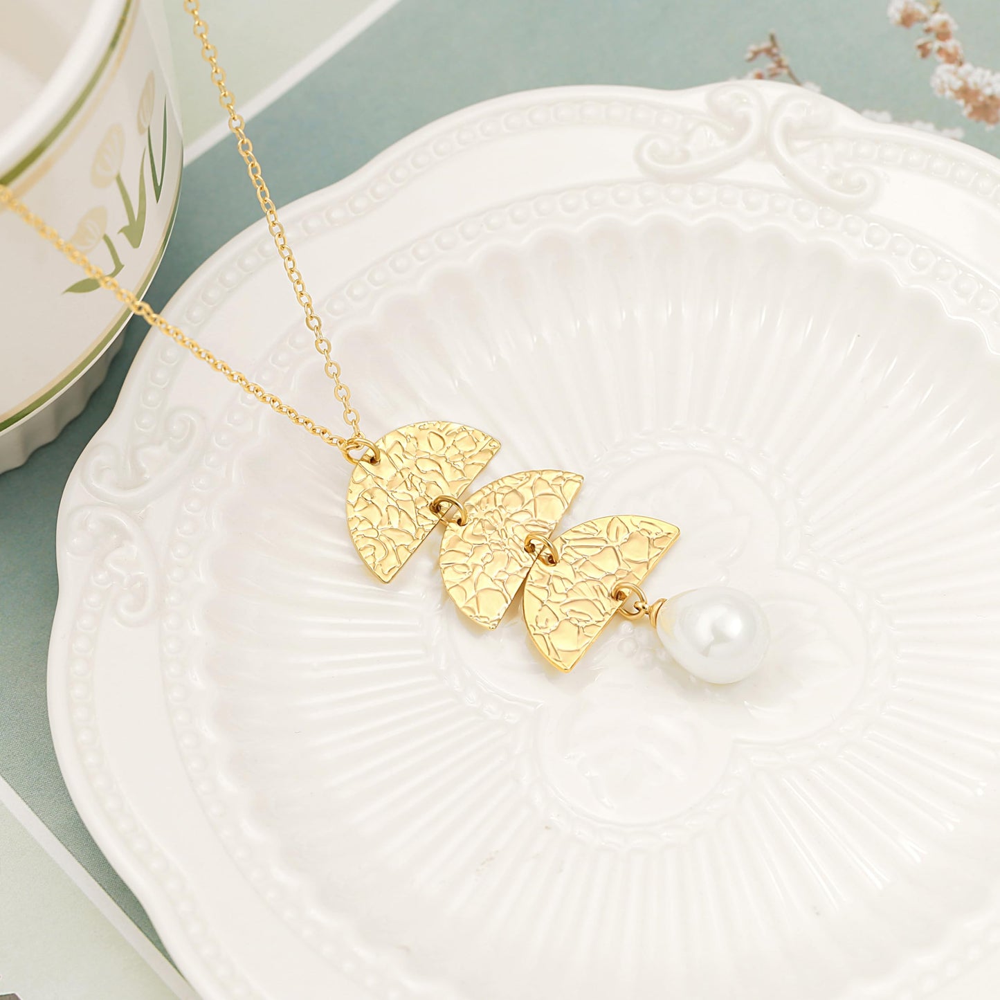 PERNNLA PEARL Dainty Pearl Pendant Necklaces Simple Gold Plated Chain Long Necklace for Women Trendy Statement Sweater Chain Necklaces