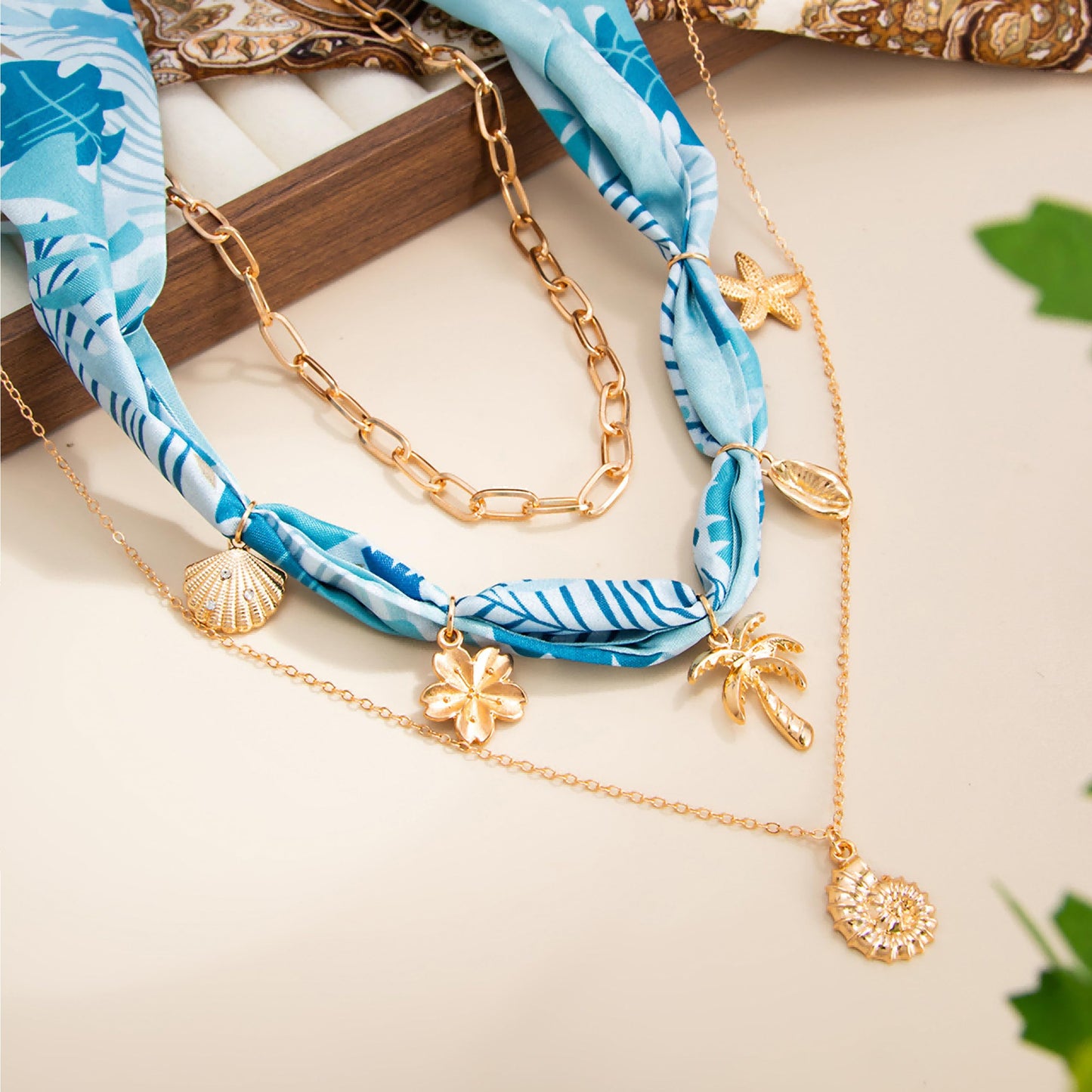 Your Always Charm Layered Scarf Necklace for Women - 3 Pcs Bandana Starfish Flower Shell Necklace with Charms, Summer Beach Boho Jewelry, Layered Choker Gift