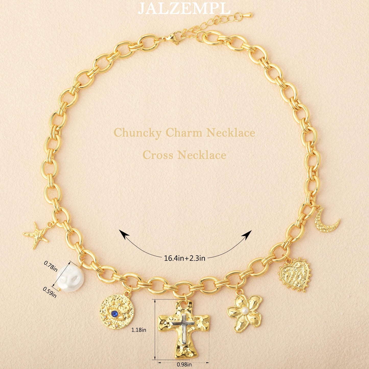 Chunky Charm Cross Pearl Necklace For Women Seashell Shell Starfish Beach Bow 14K Gold Plated Pendant Summer Jewelry (01 Cross)