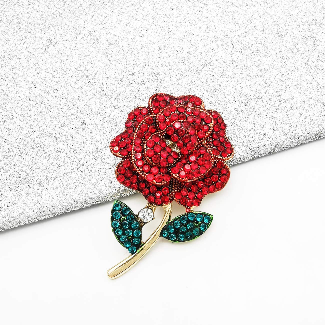 YOQUCOL Elegant Cubic Zirconia Crystal Bright Rhinestone Red Rose Shape Brooch Pins for Women