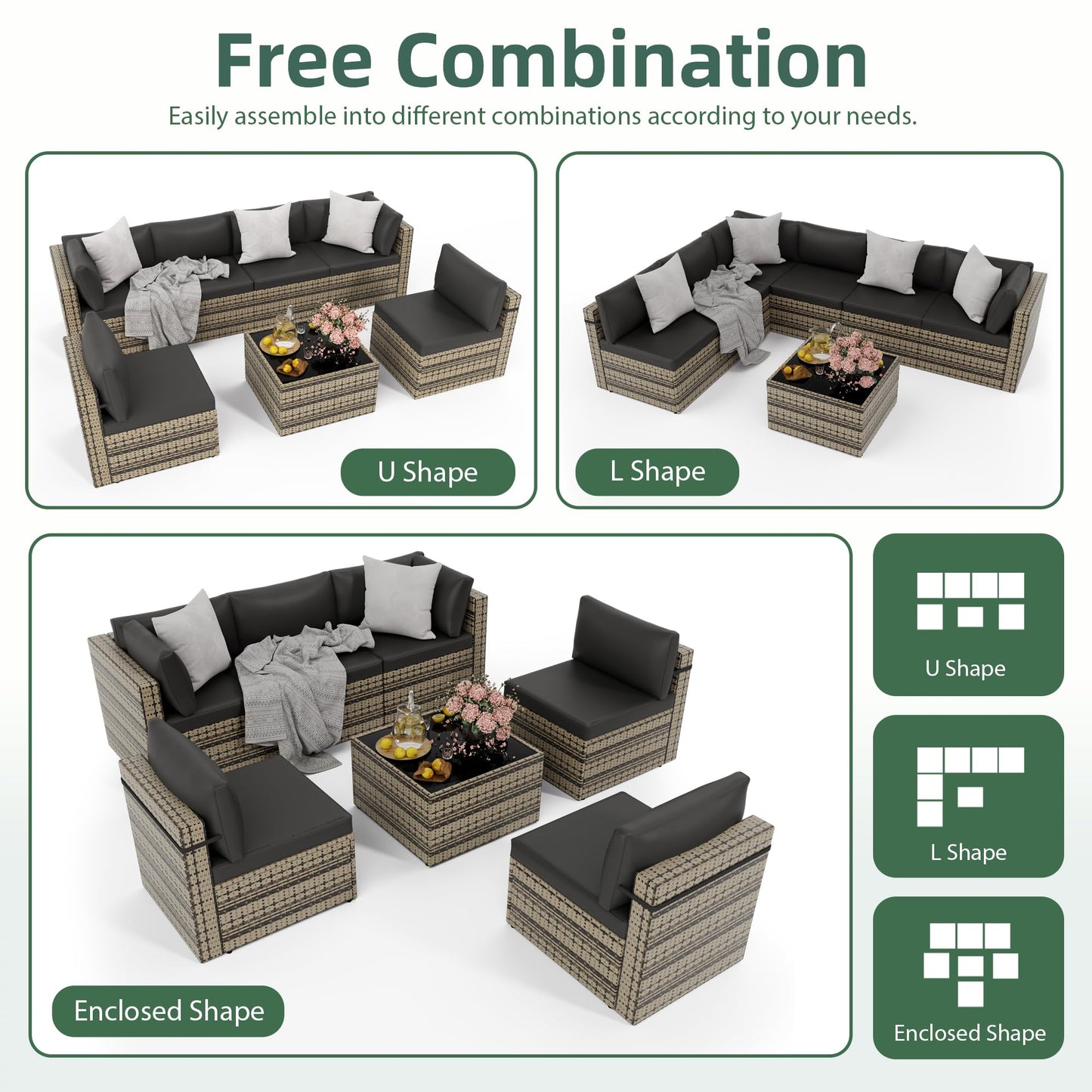 PATIOPIA 7-Piece Outdoor Sectional Sofa Set, Weather-Resistant Patio Furniture Set with Washable Cushions and Coffee Table, Black Rattan Patio Conversation Set for Poolside, Backyard, Deck (Beige)
