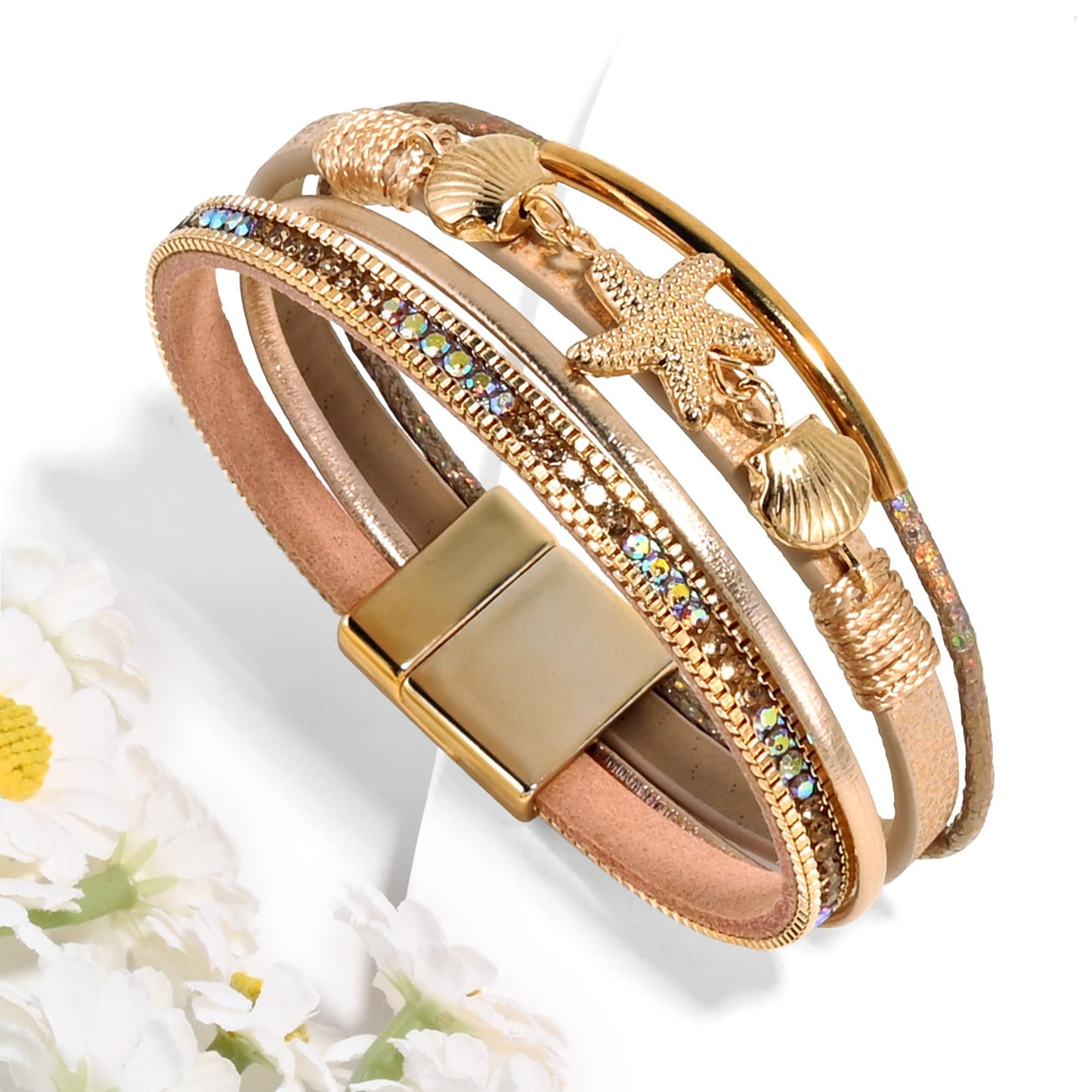 VIBILIA Boho Leather Wrap Bracelets for Women Shell starfish Multi-Layer Bracelets with Strong Clasp Jewelry for Women-Champagne