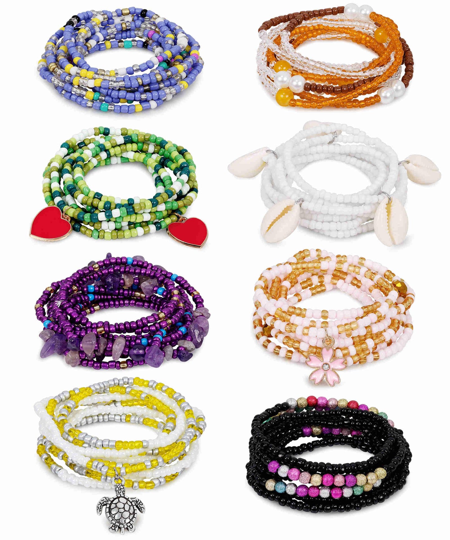 Masedy 8PCS African Waist Bead Chains for Women Layered Belly Body Chain Handmade Plus Size Beaded Belly Chain Colorful Elastic Flower Butterfly Body Chains Summer Beach Bikini Body Jewelry 31-45in (Set B, Inches, 31)