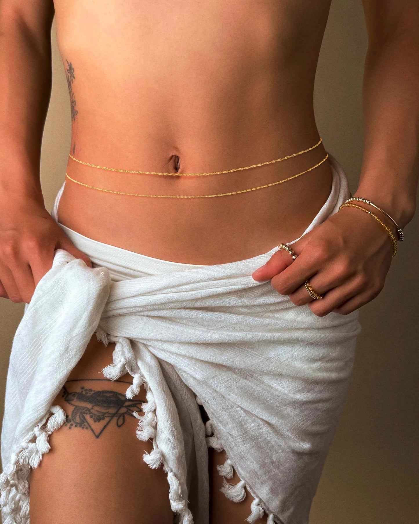 Sargetou Gold Waist Chain for Women Waterproof,14k Gold Plated Satellite Beaded Rope Body Jewelry Chains Sexy Bikini 2PCS Belly Belt Beach Gift Adjustable 26.5-33Inch