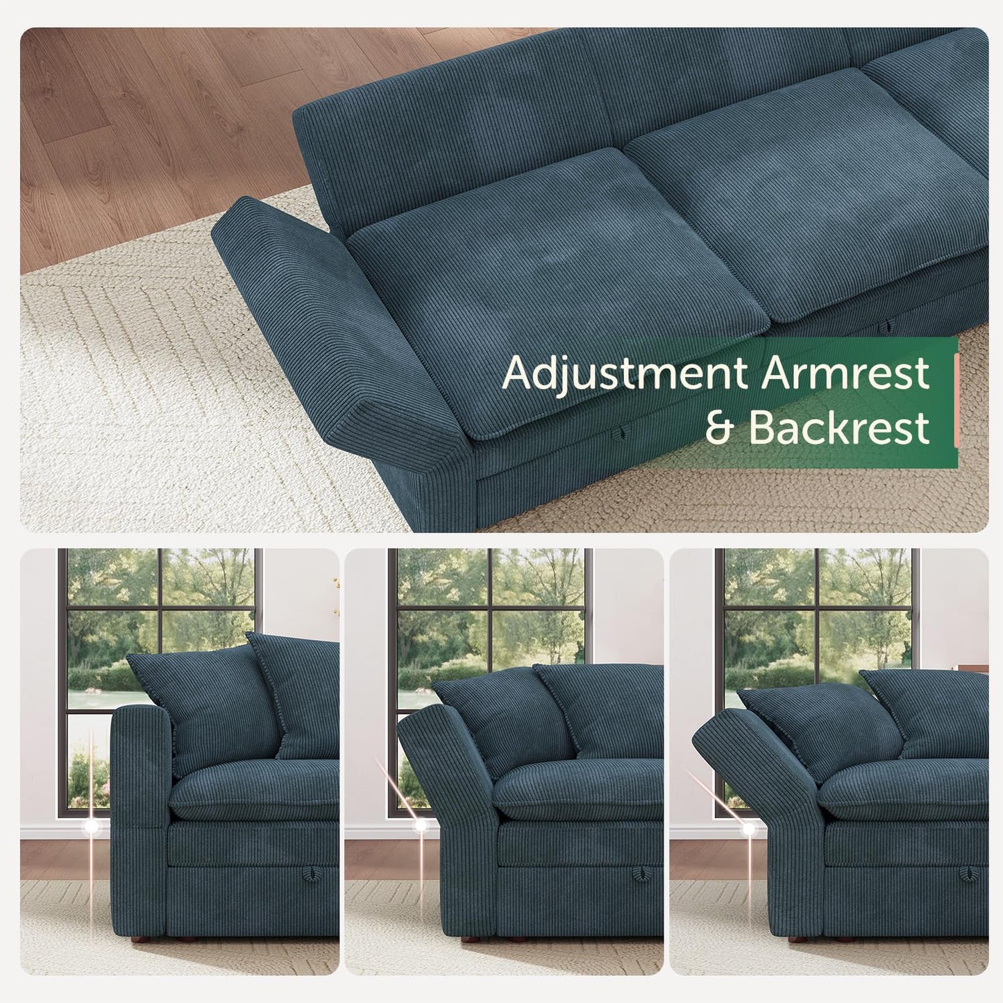 HONBAY Modular Sectional Sofa, 6 Seaters Corduroy Sectional Couch, L Shaped Couch with Storage & Pillows, Blue