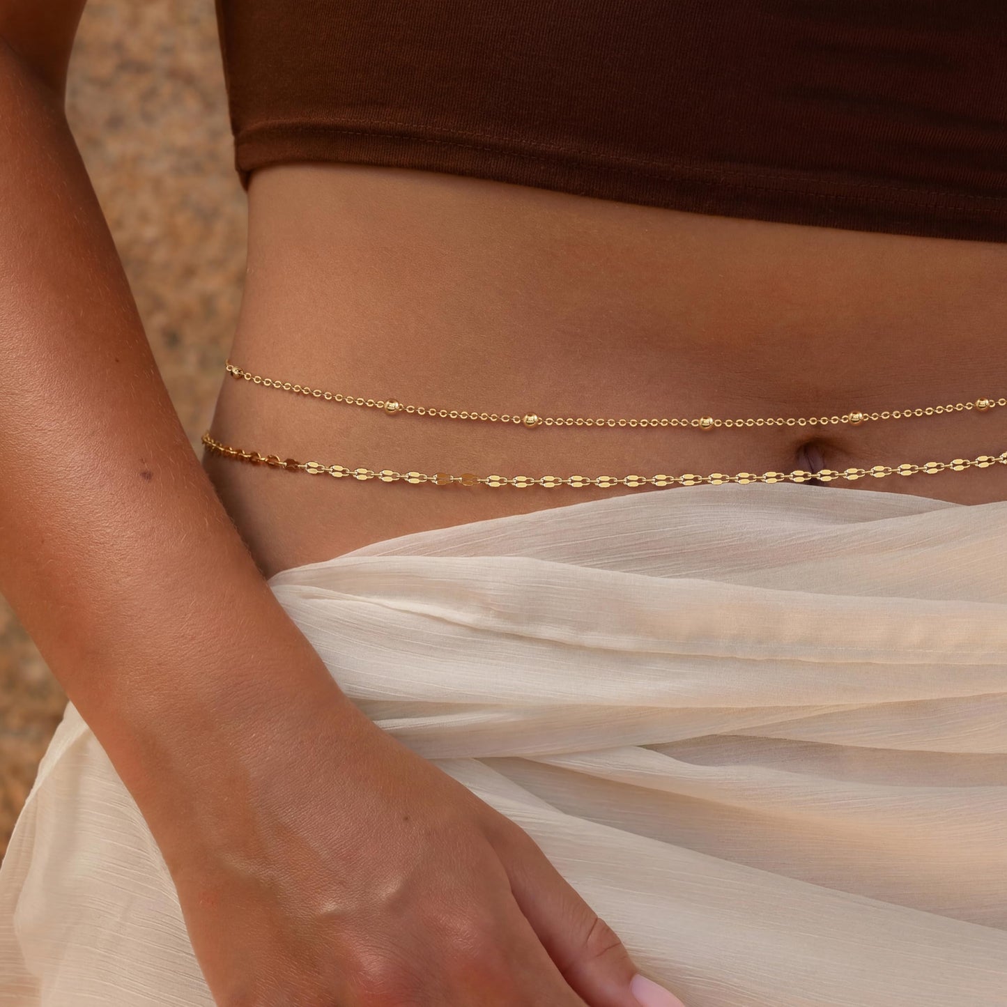 MOODEAR 14K Gold Plated Waist Chain for Women – Double 2PC Belly Bead Body Chain Belt, Spacer Beads & Lip chain Design, Waterproof Summer Beach Jewelry for Bikini, Dress & Vacation
