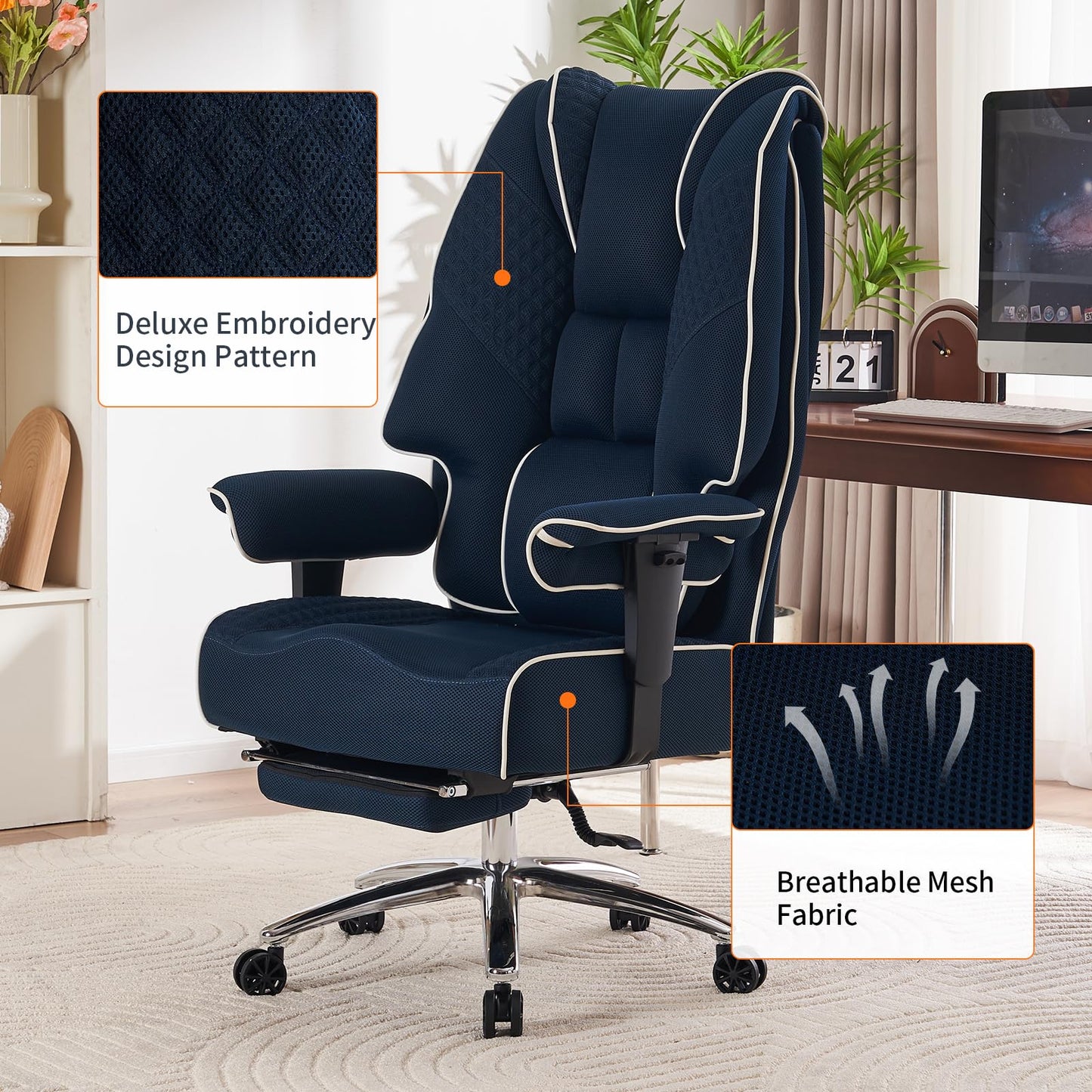 EXCEBET Big and Tall Office Chair 400lbs Wide Seat, Leather High Back Executive Office Chair with Foot Rest, Ergonomic Chairs Lumbar Support for Lower Back Pain Relief (Mesh Dark Blue)