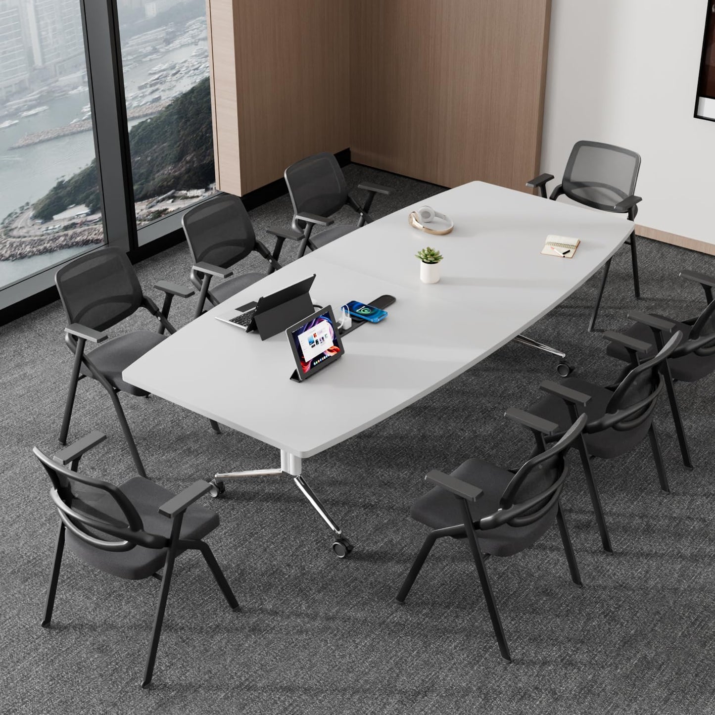 7.5 FT Large Folding Conference Table,Training Seminar Tables for 6-8 People,Built-in Wireless Charger and Power Box,Metal Legs Rolling Training Table for Office (1, White, 90.5"L×35.4“W×29.5"H)