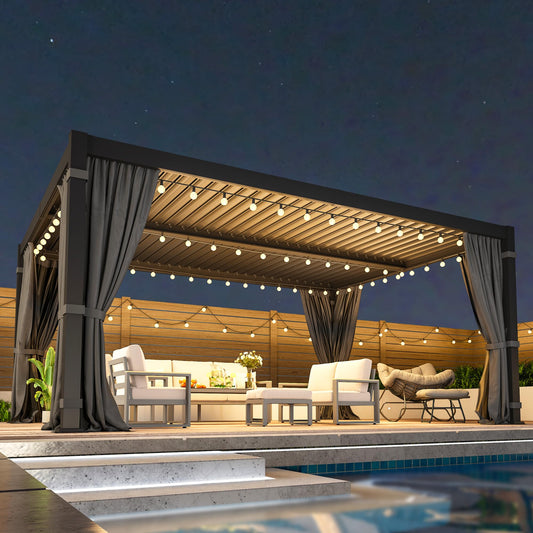 12' x 16' Louvered Pergola, Metal Outdoor Pergola with Adjustable Louvered Roof, Curtains & Netting, Gutter System, Hardtop Patio Gazebo for Patio, Deck, Garden, Yard, Dark Gray