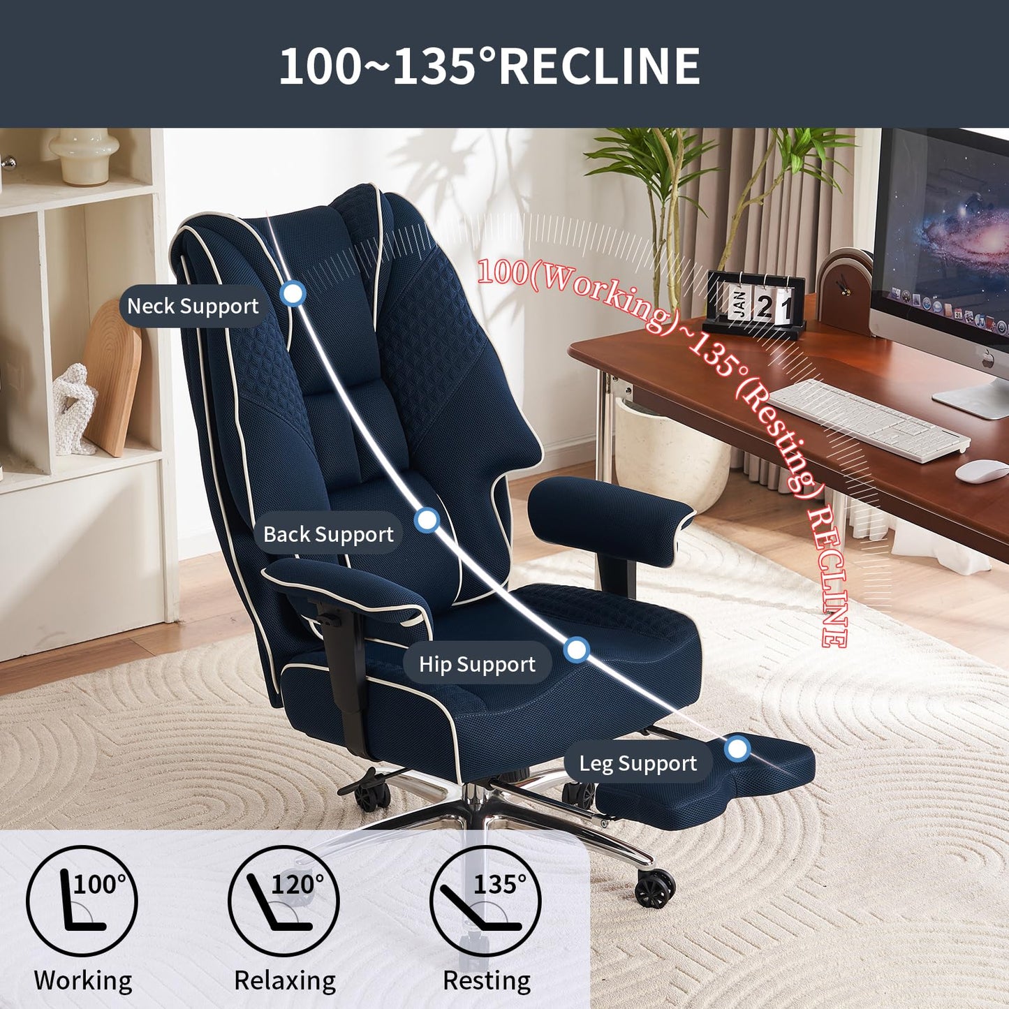 EXCEBET Big and Tall Office Chair 400lbs Wide Seat, Leather High Back Executive Office Chair with Foot Rest, Ergonomic Chairs Lumbar Support for Lower Back Pain Relief (Mesh Dark Blue)