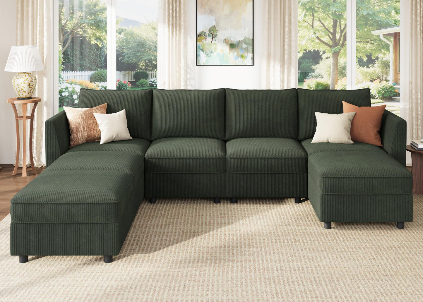 HONBAY Modular Sofa U Shaped Sectional Couch with Storage, Convertible Modular Sofa 7 Seats Sectional for Living Room - Green