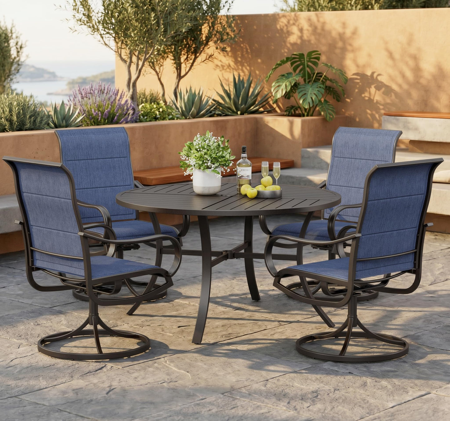 PHI VILLA 5 Piece Outdoor Patio Dining Set with 4 Padded Swivel Dining Chairs & 1 Large Round Dining Table, All Weather Blue Chair and Metal Table for Deck Lawn Garden