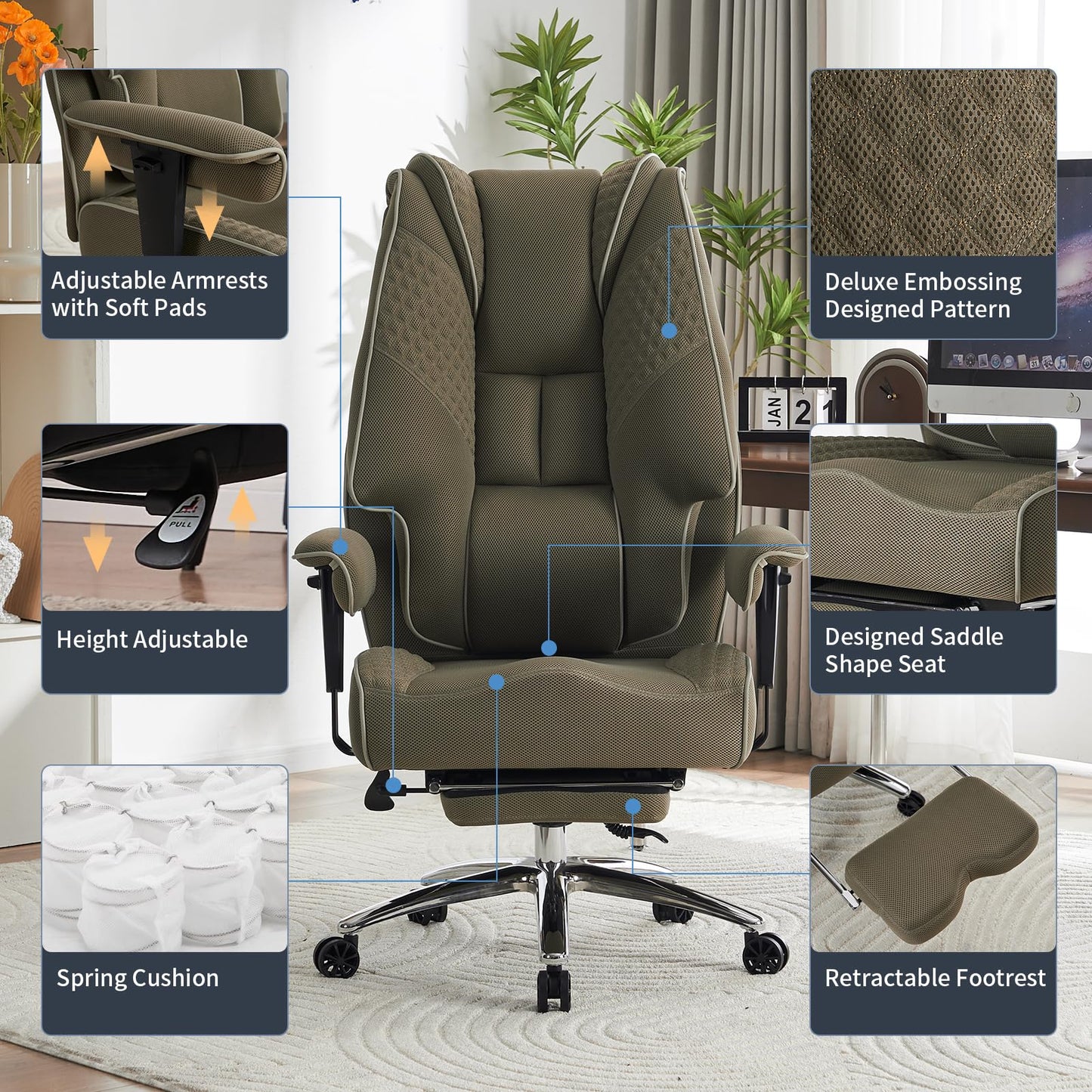 EXCEBET Big and Tall Office Chair 400lbs Wide Seat, Mesh High Back Executive Office Chair with Foot Rest, Ergonomic Chairs Lumbar Support for Lower Back Pain Relief (Mesh Light Green)
