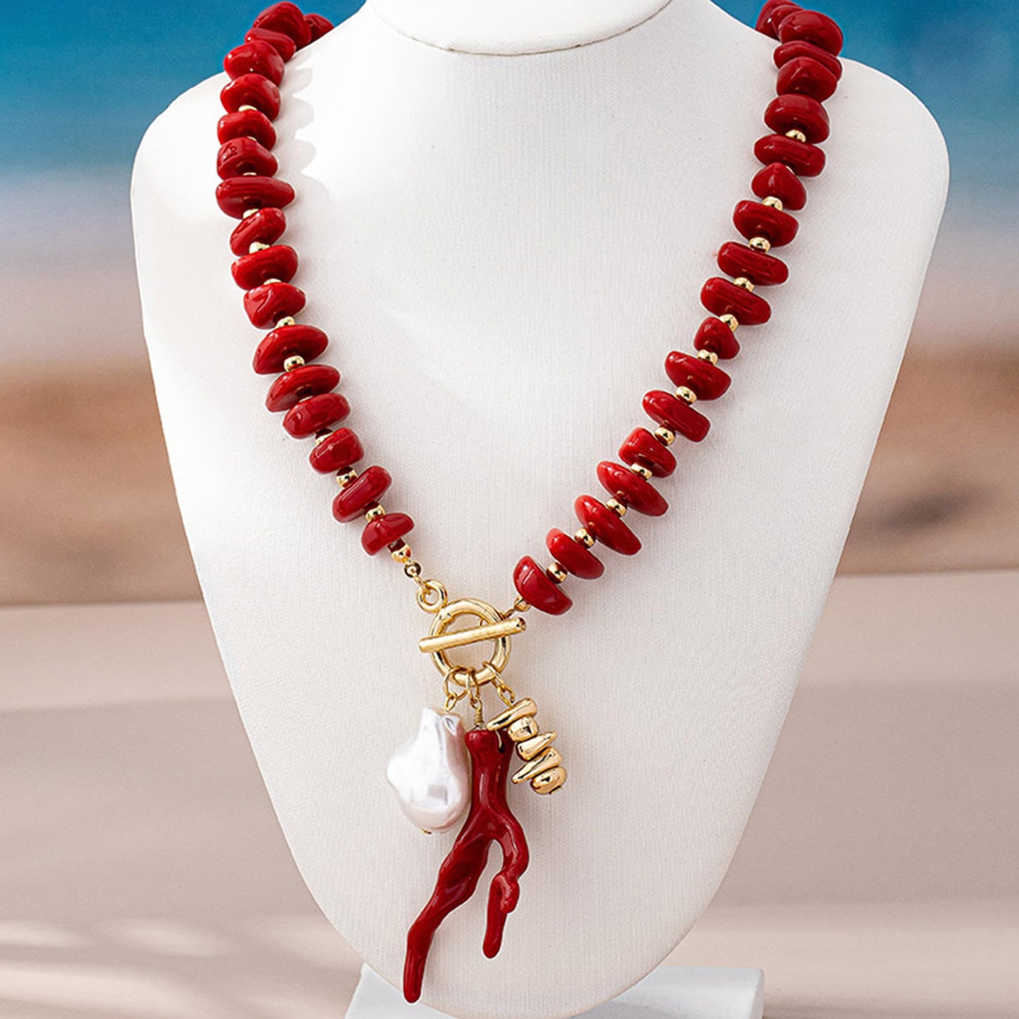 Ocean Coral Pendant Necklace for Women Green Acrylic Beaded Choker Gold OT Clasp Baroque Pearl Charm Necklace Boho Summer Beach Vacation Nautical Coastal Jewelry (Red)