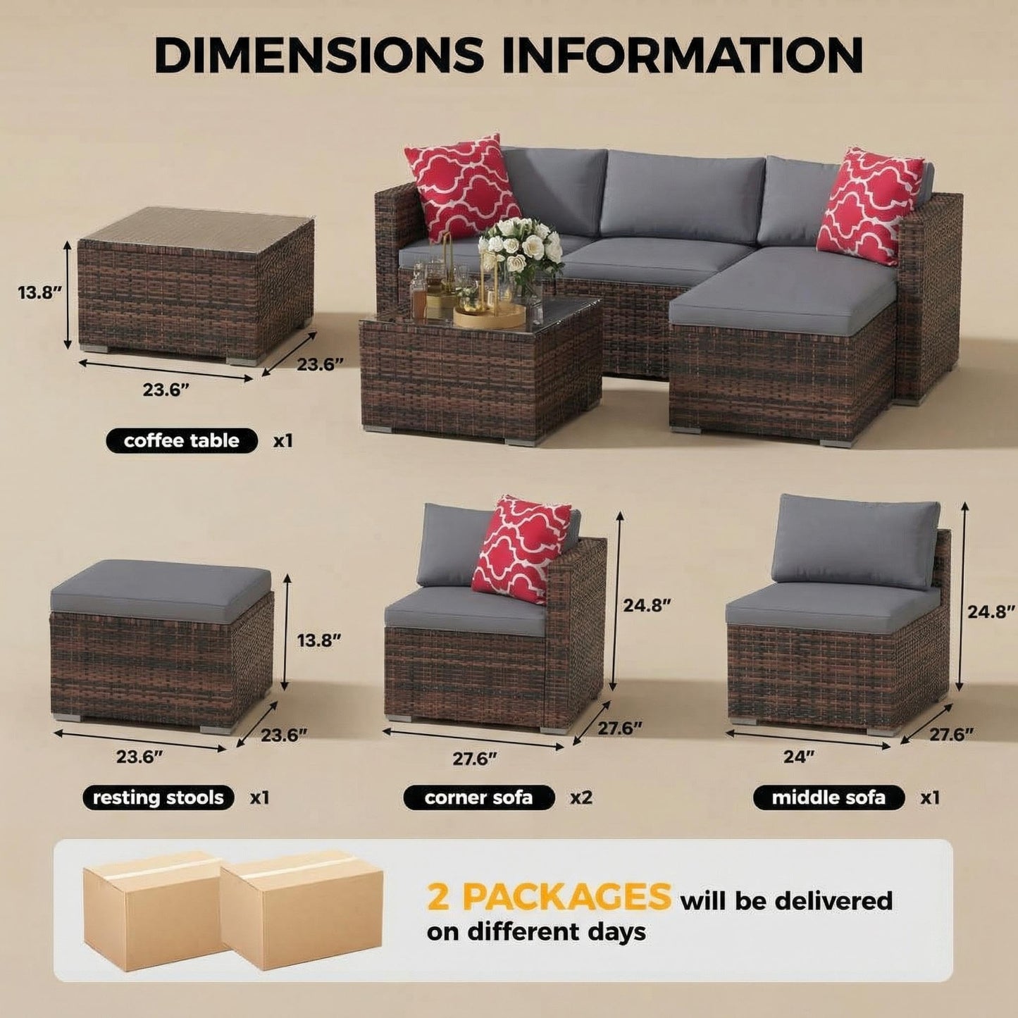 5-Piece Patio Sectional Sofa Set, All-Weather Brown PE Rattan Outdoor Conversation Furniture with Neutral-Tone Cushions, Glass Coffee Table & Footstool, Modular Design for Garden, Porch, Balcony, Pool