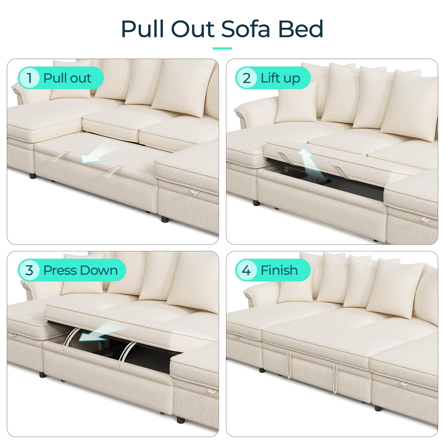 LINSY HOME Oversized Sectional Sleeper Sofa with Pull Out Couch Bed (Beige, 118.5'')