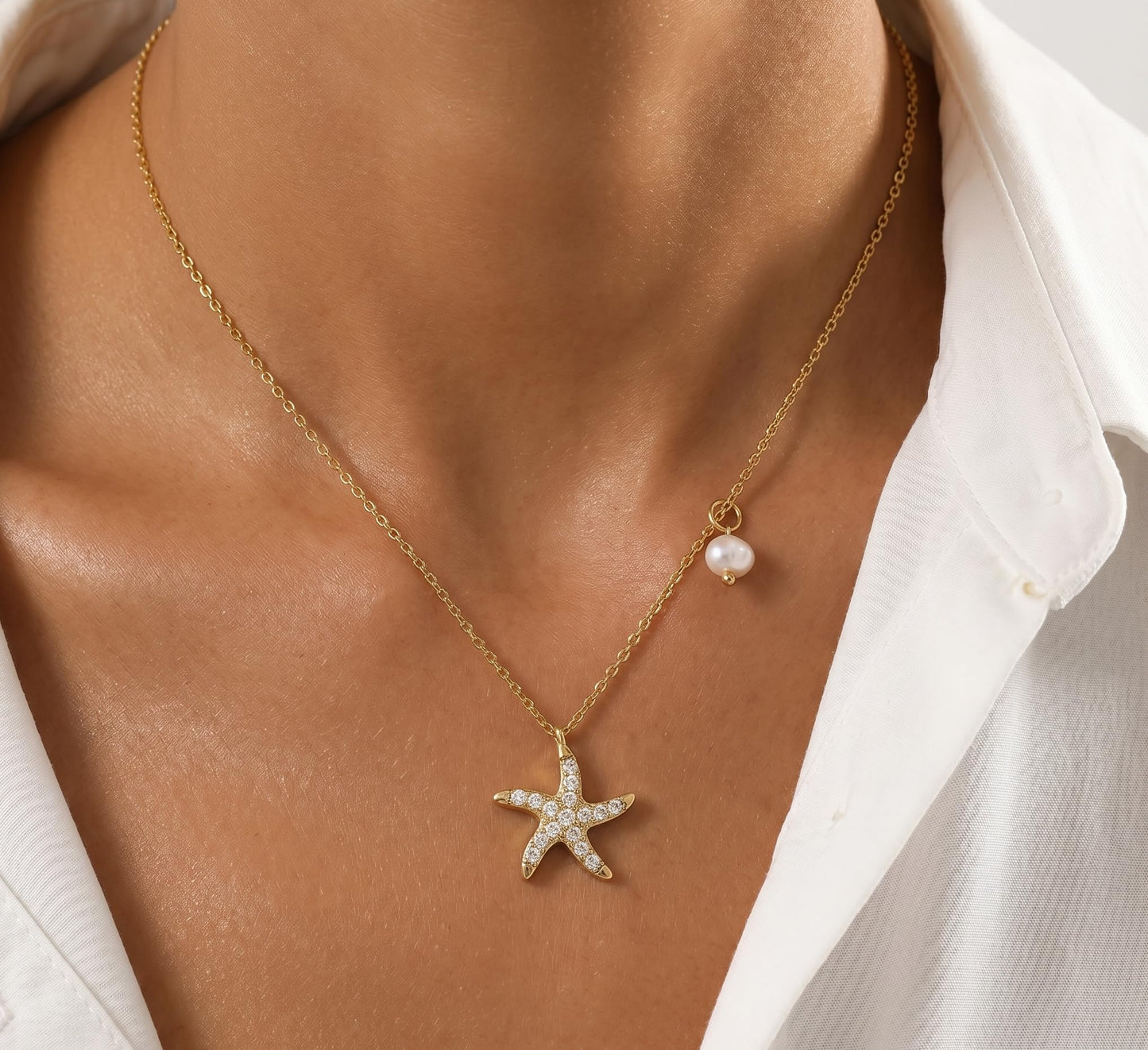 S925 Sterling Silver Starfish Necklace with Fresh Water Pearl, Sparkling Pave Zirconia Sea Star Pendant, Dainty 14K Gold Plated Asymmetric Choker, Ocean Beach Inspired Jewelry Gift for Women (Gold)