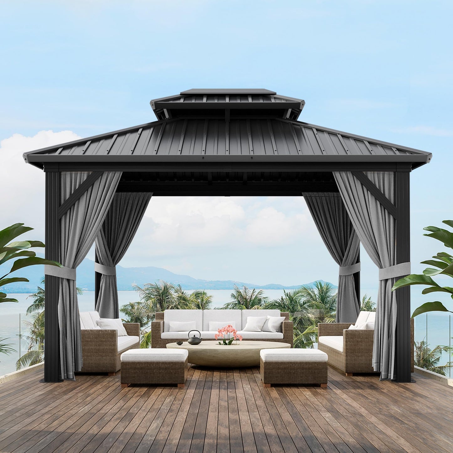 10 X12 ft Hardtop Gazebo, Galvanized Steel Double Roof with Curtains and Netting, Aluminum Frame Patio Gazebo for Patio, Garden and Lawn