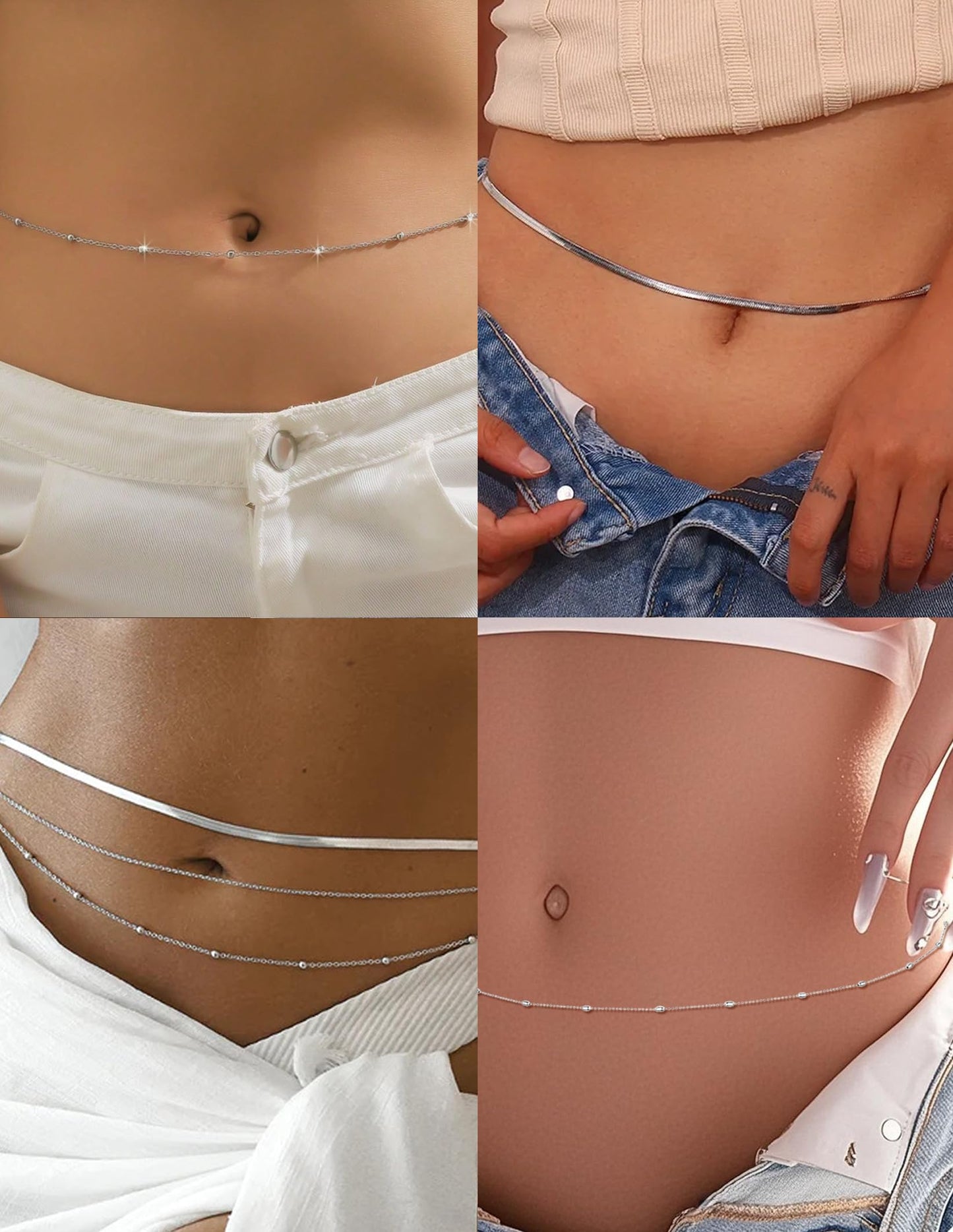 Wrlcorly 8Pcs Waist Chain 18K Gold Plated Belly Belt Chains Sexy Bikini Summer Beach Satellite Beaded Sequin Snake Layered Coin CZ Body Chain Jewelry Accessories for Women Gold Silver Tone Adjustable