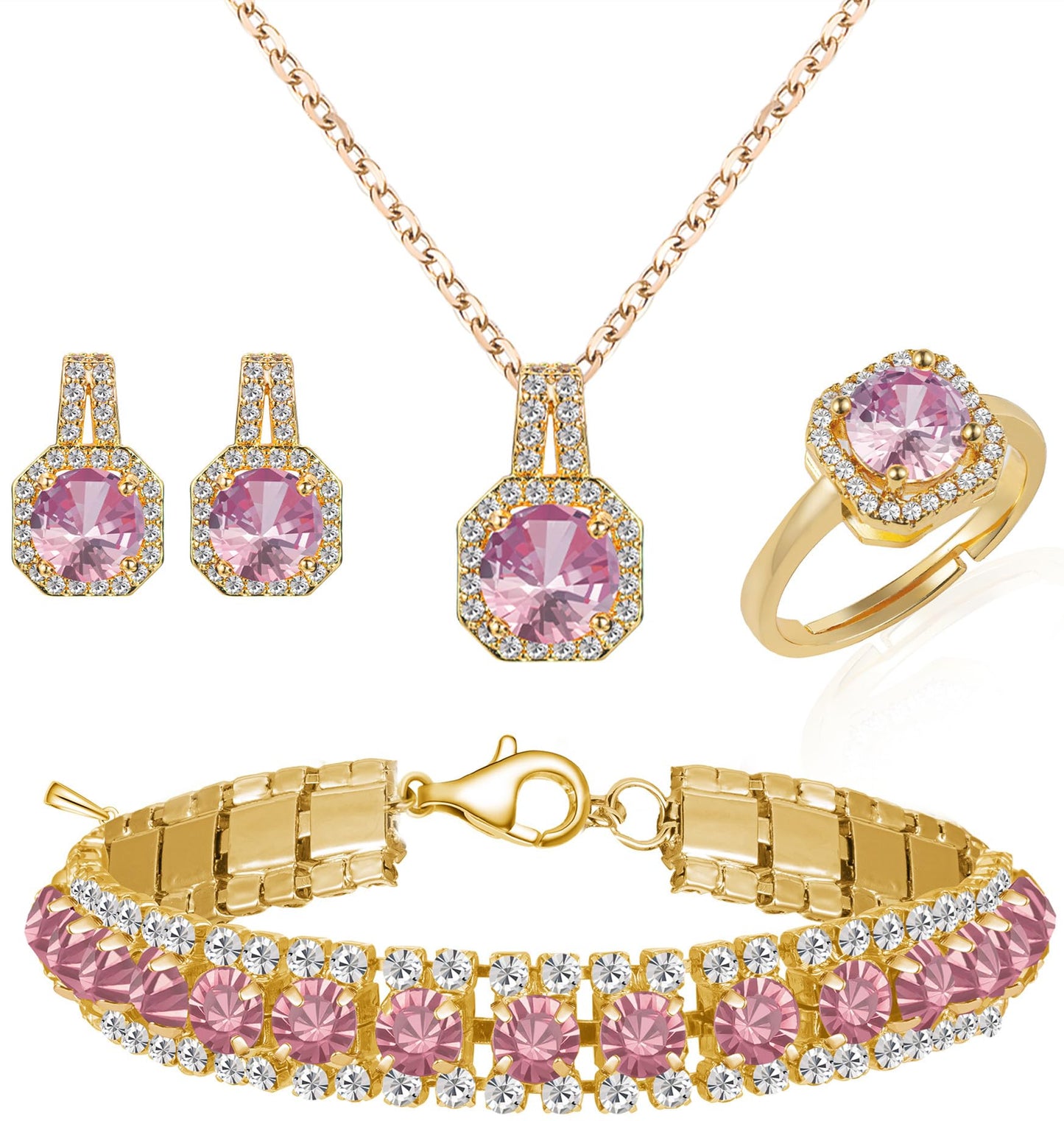 4pcs Wedding Jewelry Sets for Bride & Bridesmaid - Gold Plated Pink Cubic Zirconia Pendant, Earrings, Link Tennis Bracelet & Open Ring