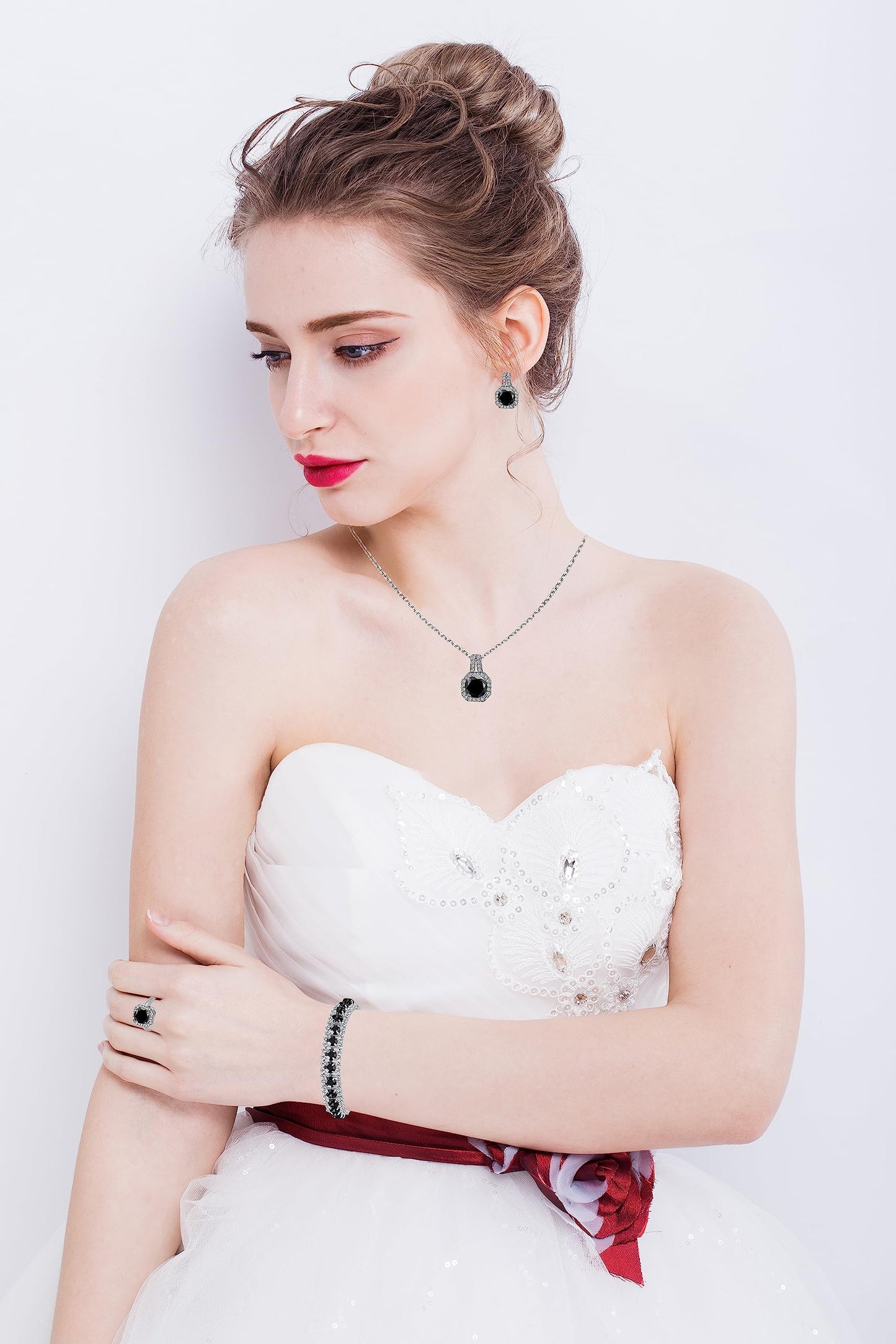 Paxuan Crystal Rhinestone Wedding Jewelry Sets Bridal Pendant Necklace Stud Earrings Link Bracelets Rings Set for Women (Platinum Plated Black Cubic Zirconia)