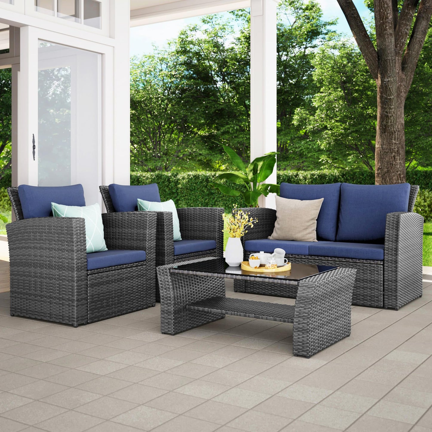 Wisteria Lane Patio Furniture Set, Wicker Outside Outdoor Furniture for All Weather, Patio Sofa with High Backrest Support and Wide Armrest for Backyard, Balcony, Deck, Porch, Blue