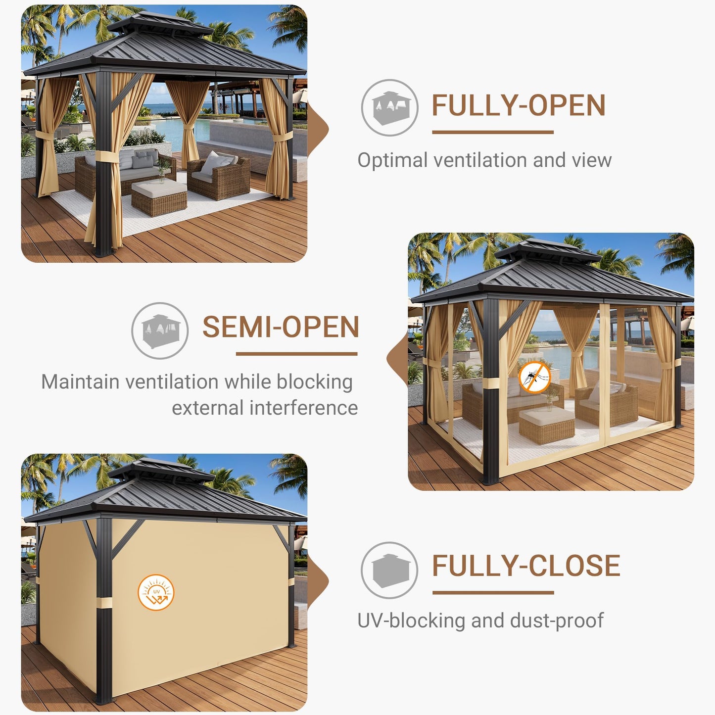 10 x 12 ft Hardtop Gazebo, Galvanized Steel Double Roof with Curtains and Netting, Aluminum Frame Patio Gazebo for Patio, Garden and Lawn