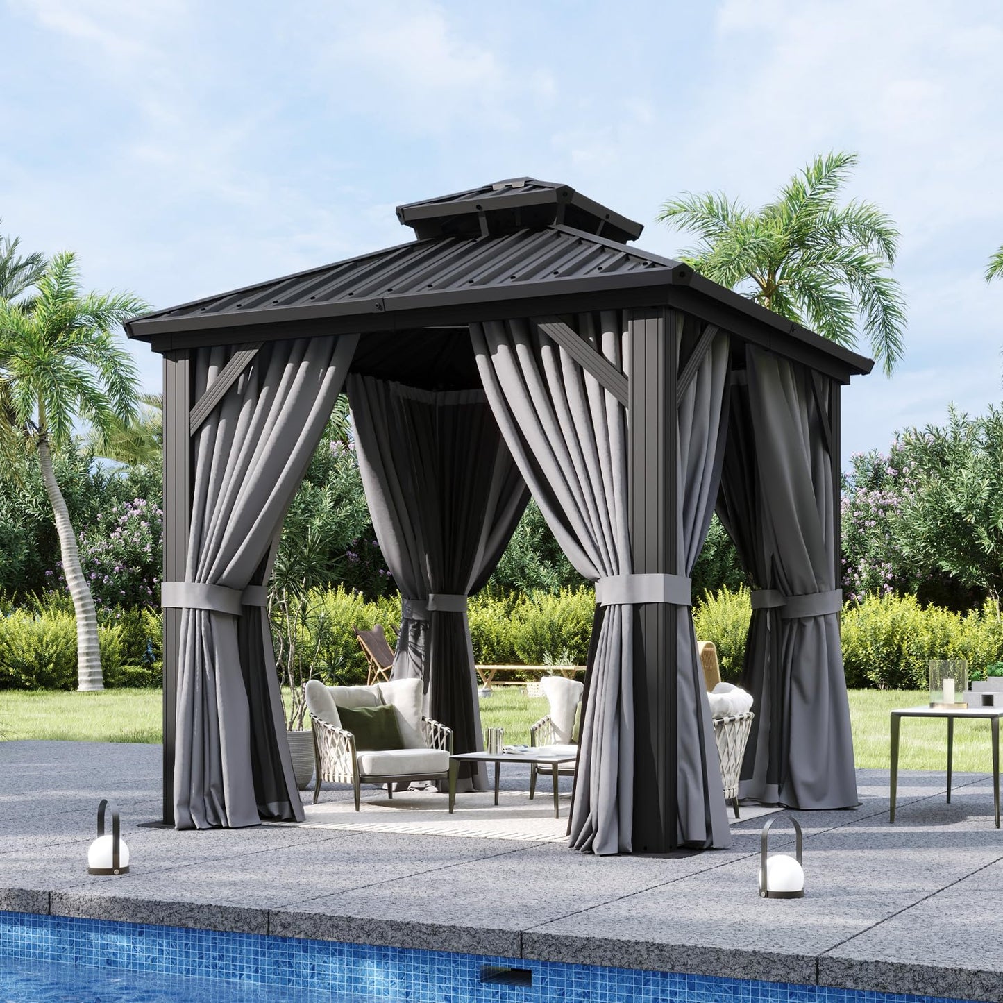Aoxun 8x8 Hardtop Gazebo, Aluminum Frame Outdoor Gazebo with Double Galvanized Steel Roof, Patio Pavilion with Netting and Curtains, Backyard Gazebo for Patio Deck Garden