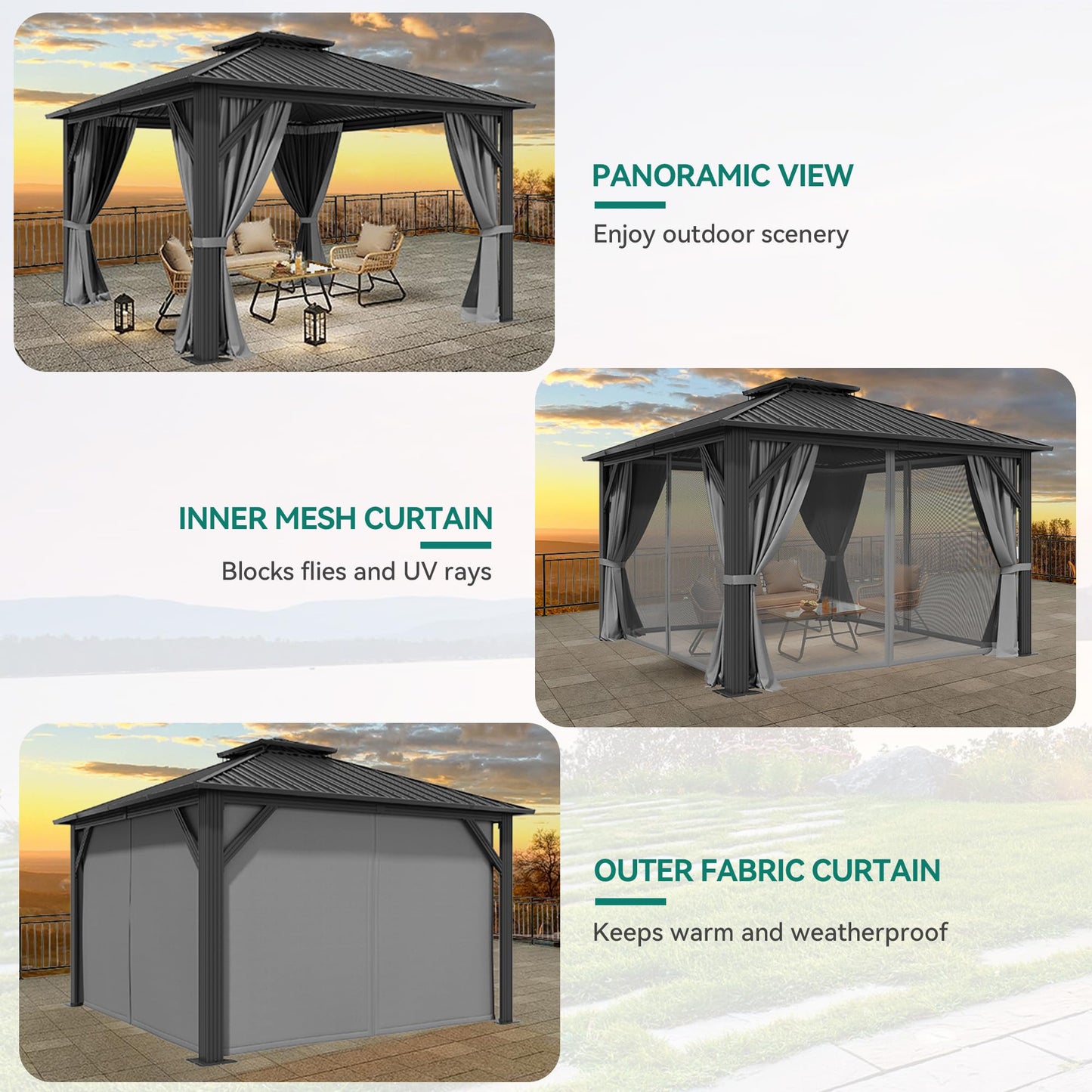 YITAHOME 12x12ft Hardtop Gazebo with Nettings and Curtains, Heavy Duty Double Roof Galvanized Steel Outdoor Combined of Vertical Stripes Roof for Patio, Backyard, Deck, Lawns, Gray