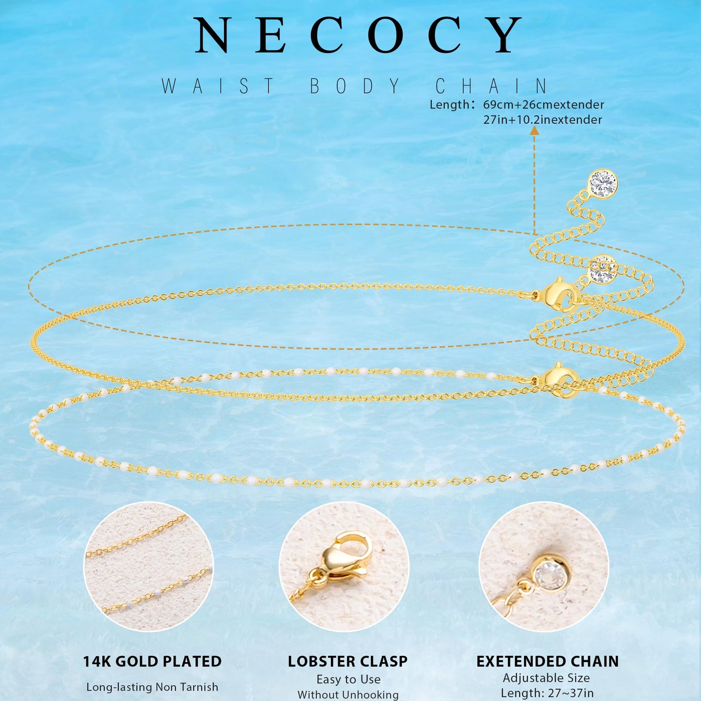 NECOCY Beaded Waist Chain for Women, Trendy 14K Gold Plated Belly Belt Beads Chain Adjustable Waterproof Sexy Layered Beach Snake Body Chain Summer Bikini Jewelry Accessories for Women