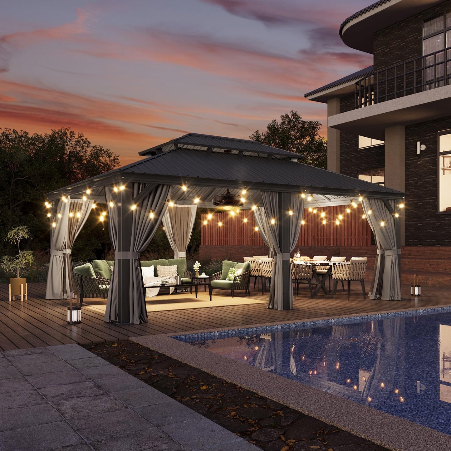 Aoxun 14' X 20' Hardtop Gazebo with Drainage System, Aluminum Outdoor Gazebo with Galvanized Steel Double Roof, Patio Permanent Metal Pavilion with 20 inch Ceiling Fan, for Garden, Deck, Grey