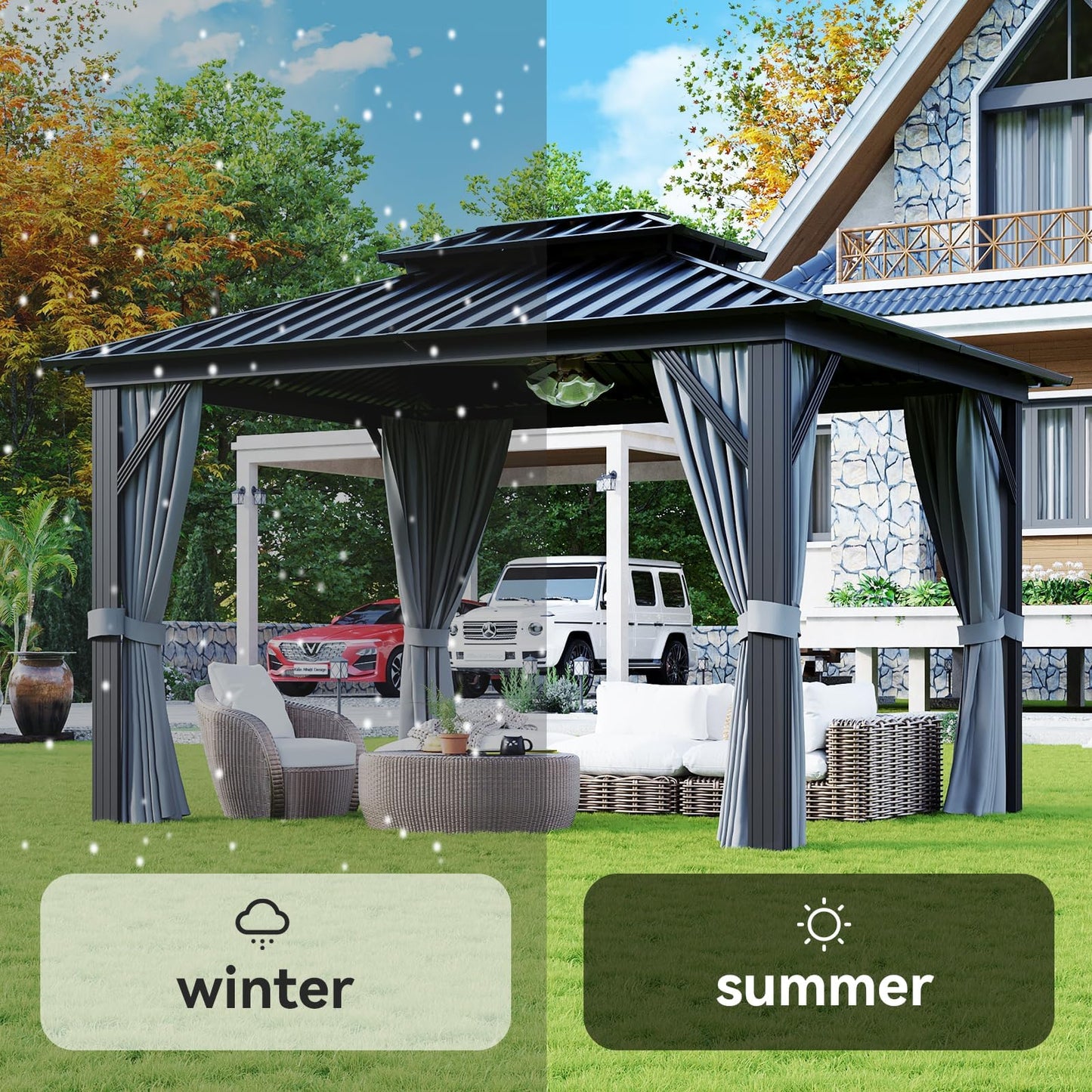 Aoxun 10'x12' Hardtop Gazebo, Aluminum Frame Canopy with Double Galvanized Steel Roof, Outdoor Metal Pavilion with Netting, and LED Outdoor Waterproof Hanging Lights