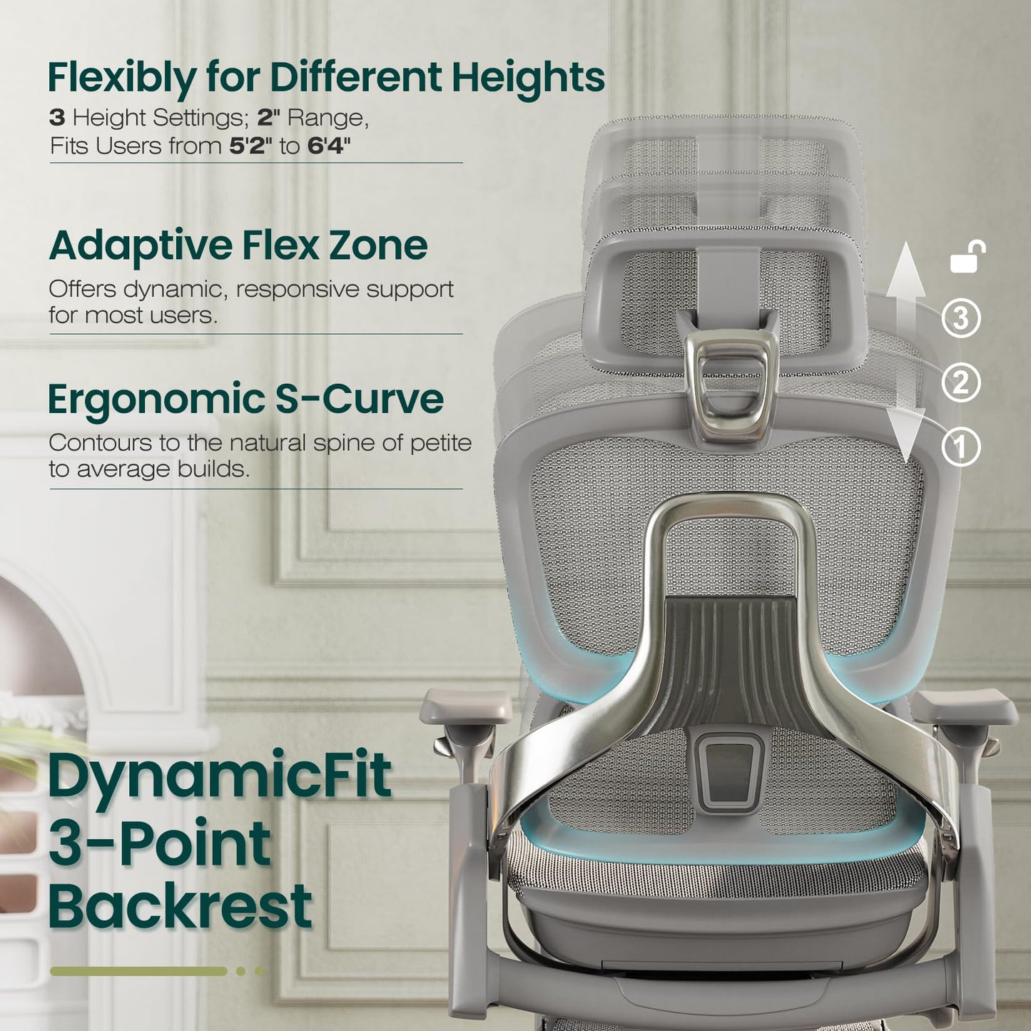 GABRYLLY Ergonomic Office Chair, Home Mesh Desk Chair with Sync Lumbar Support & Sliding Seat, 4D Arm, 150° Recline, Adjustable Back,Big & Tall Computer Chair-Footrest,Aluminum Base, Gray,FLOW550