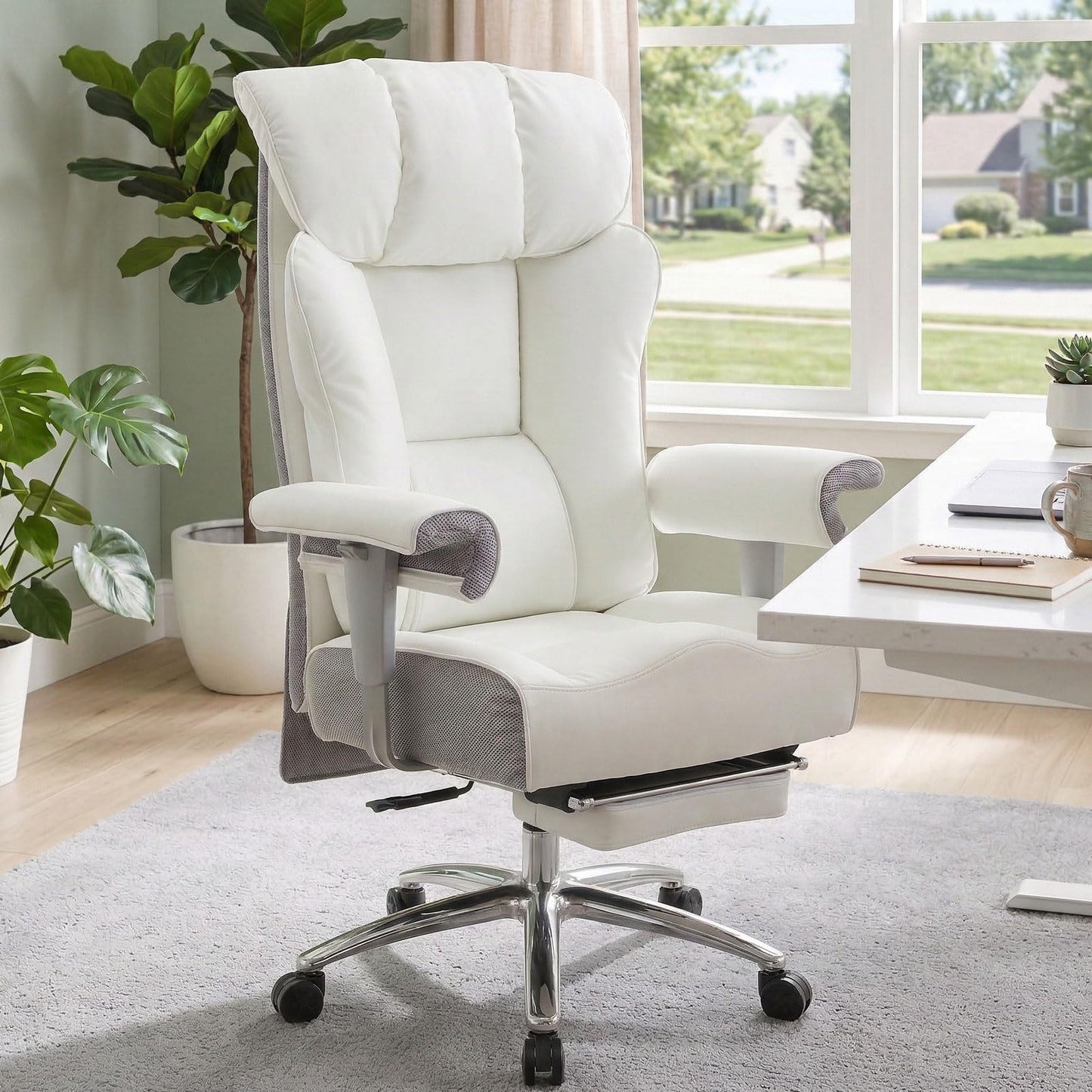 Efomao Big and Tall Office Chair 400lbs - Heavy Duty Executive Desk Chair with Foot Rest & 23" Wide Seat - High Back Ergonomic Leather Computer Chair for Heavy People, Home Office, White