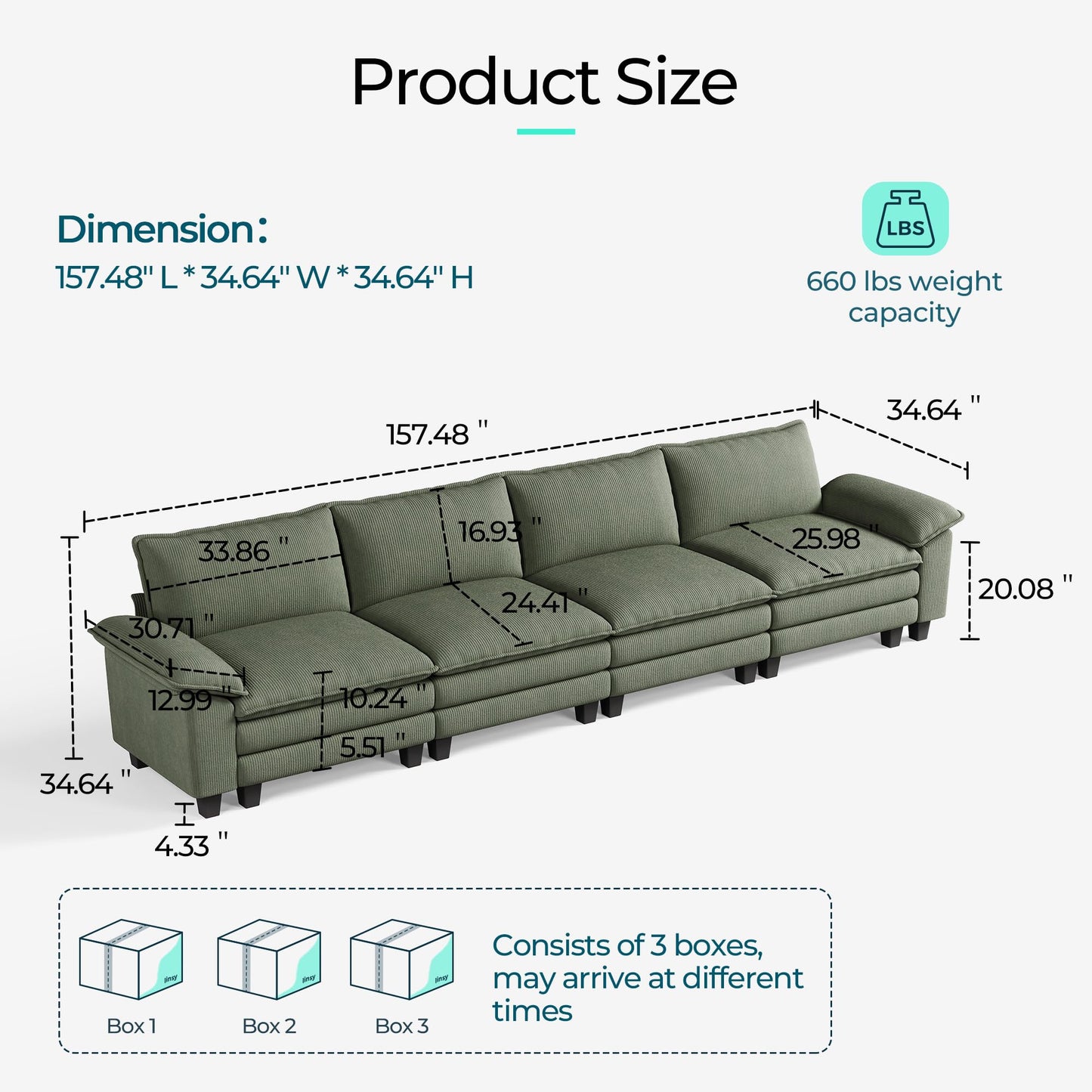 LINSY HOME Modular Sectional Sofa - 157 Inch Oversized Corduroy Cloud Couch with Movable Ottoman Soft Modern Comfy Sofa Set for Living Room Apartment Office, Green