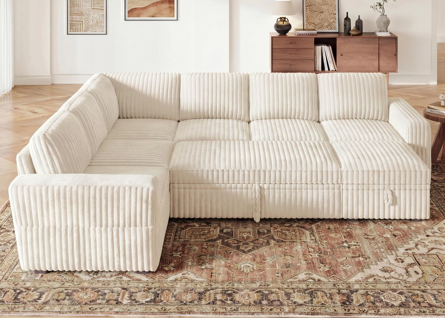 HONBAY Modular Sectional Sleeper Sofa with Pull Out Bed,Corduroy U Shaped Couch with Storage, Sectional Couches for Living Room,Beige