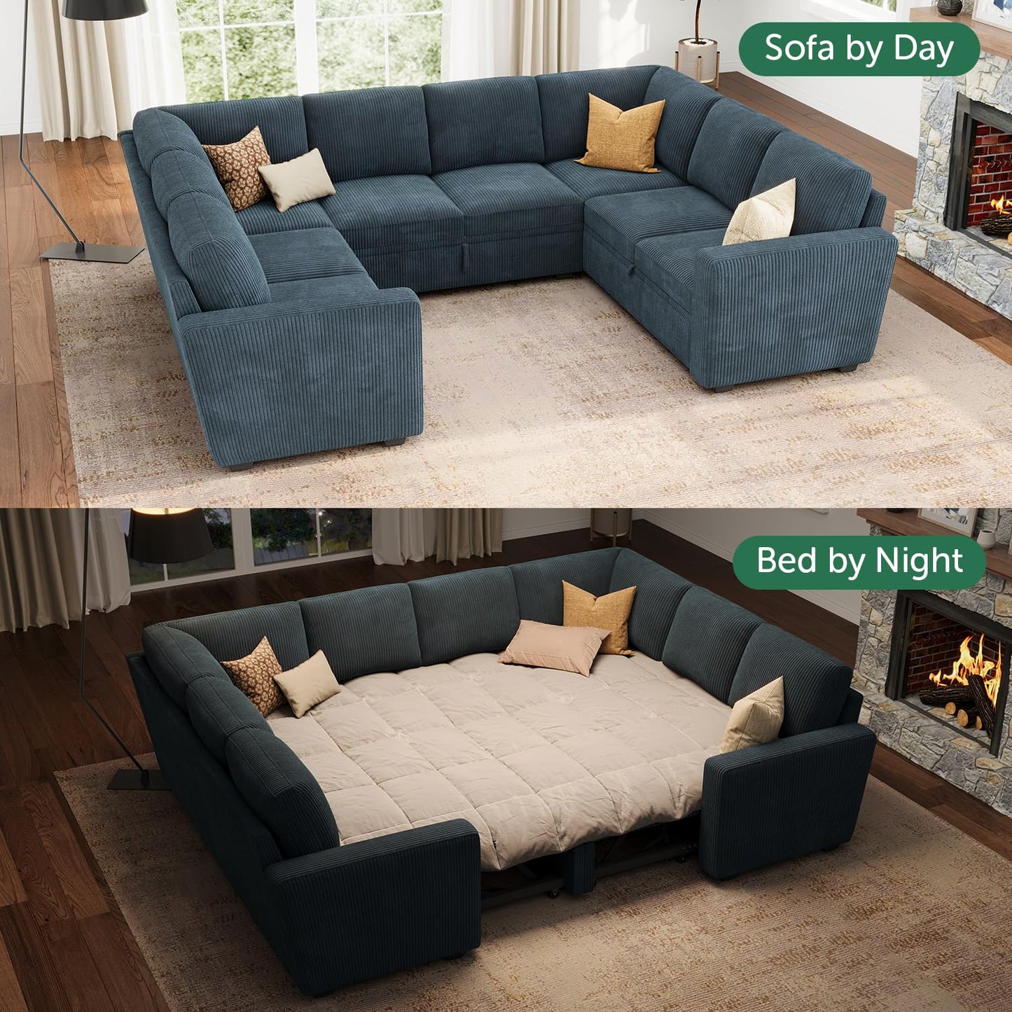 HONBAY Modular Sectional Couch with Pull Out Bed, Corduroy Sleeper Sofa with Storage Seats, U Shaped Sectional Couches for Living Room, Blue