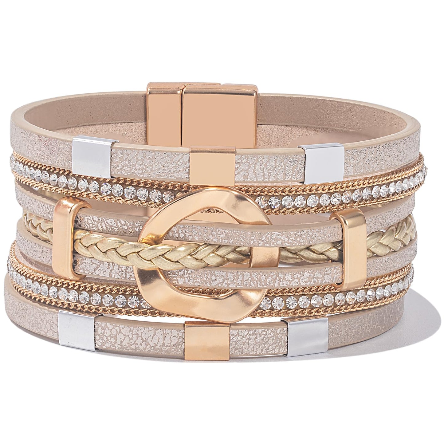 FANCY SHINY Boho Leather Wrap Bracelets Circle Square Bead Braided Handmade Stackable Bracelet Trendy Cuff Bangle for Women(Cream)