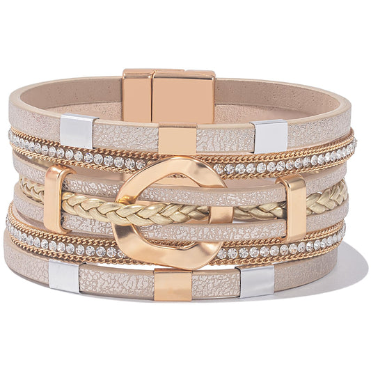 FANCY SHINY Boho Leather Wrap Bracelets Circle Square Bead Braided Handmade Stackable Bracelet Trendy Cuff Bangle for Women(Cream)